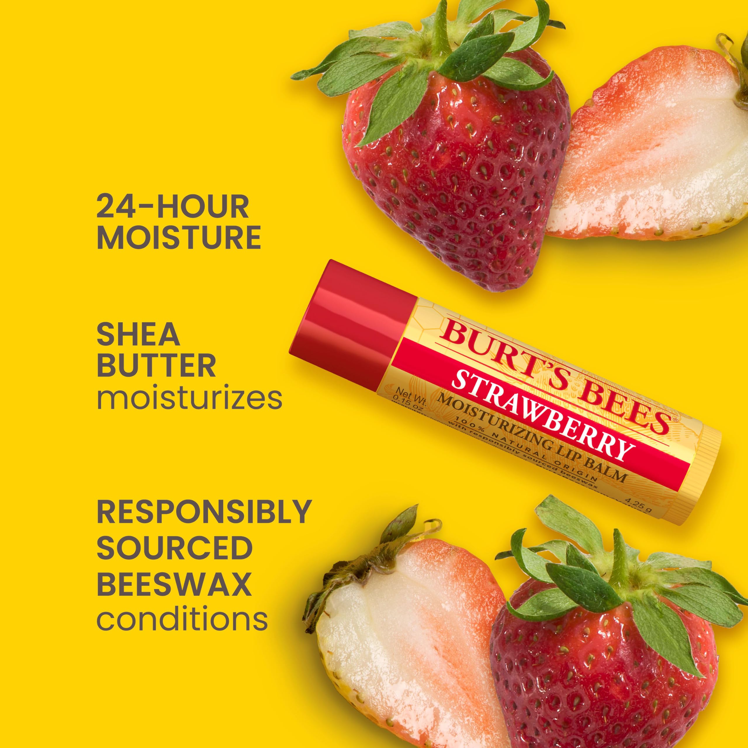 Close-up of Burt's Bees strawberry lip balm during application.