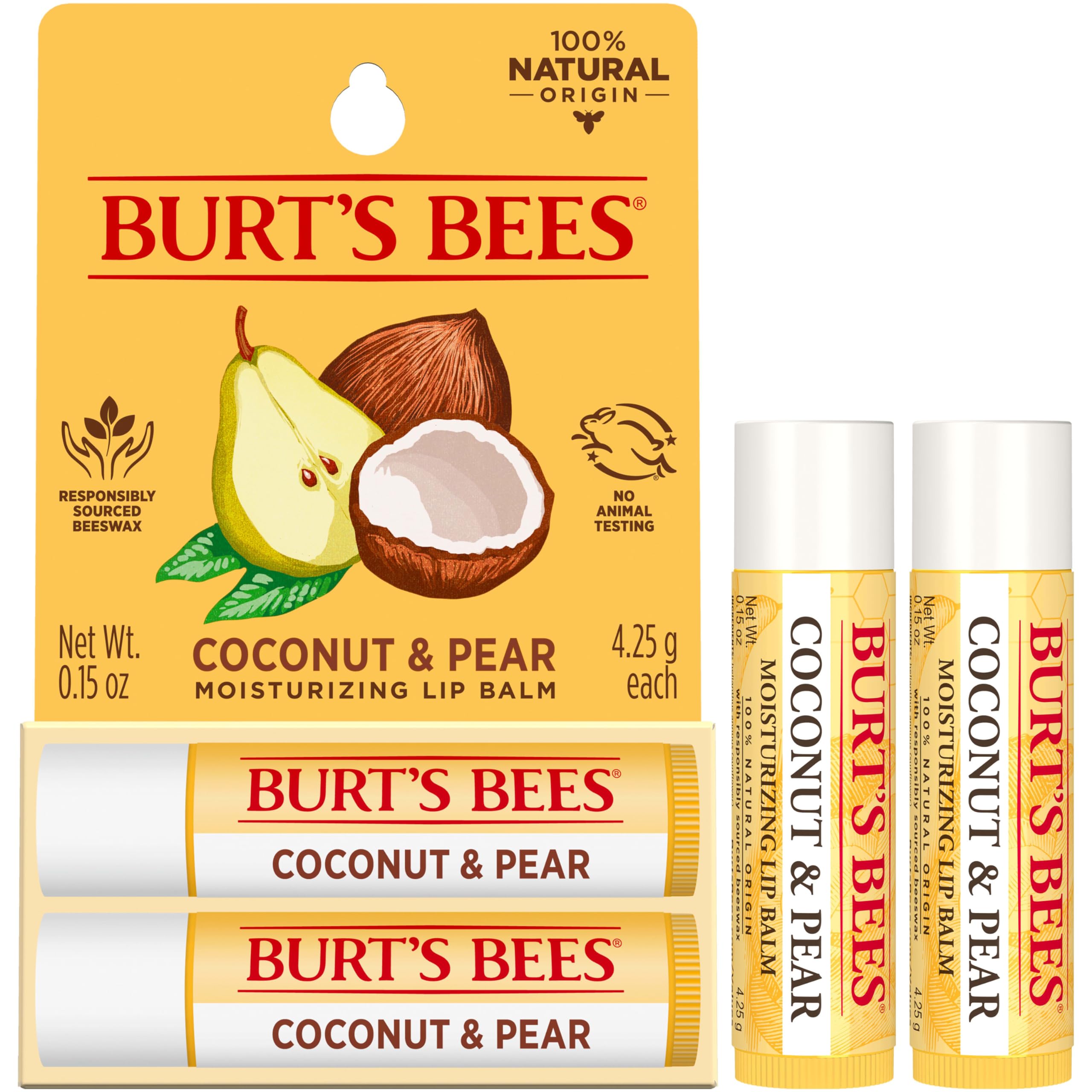 Close-up of Burt's Bees lip balm tint-free coconut and pear