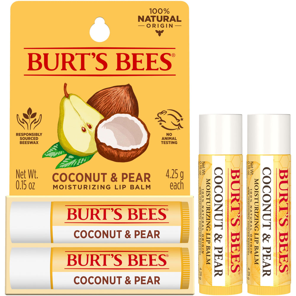 Close-up of Burt's Bees lip balm tint-free coconut and pear