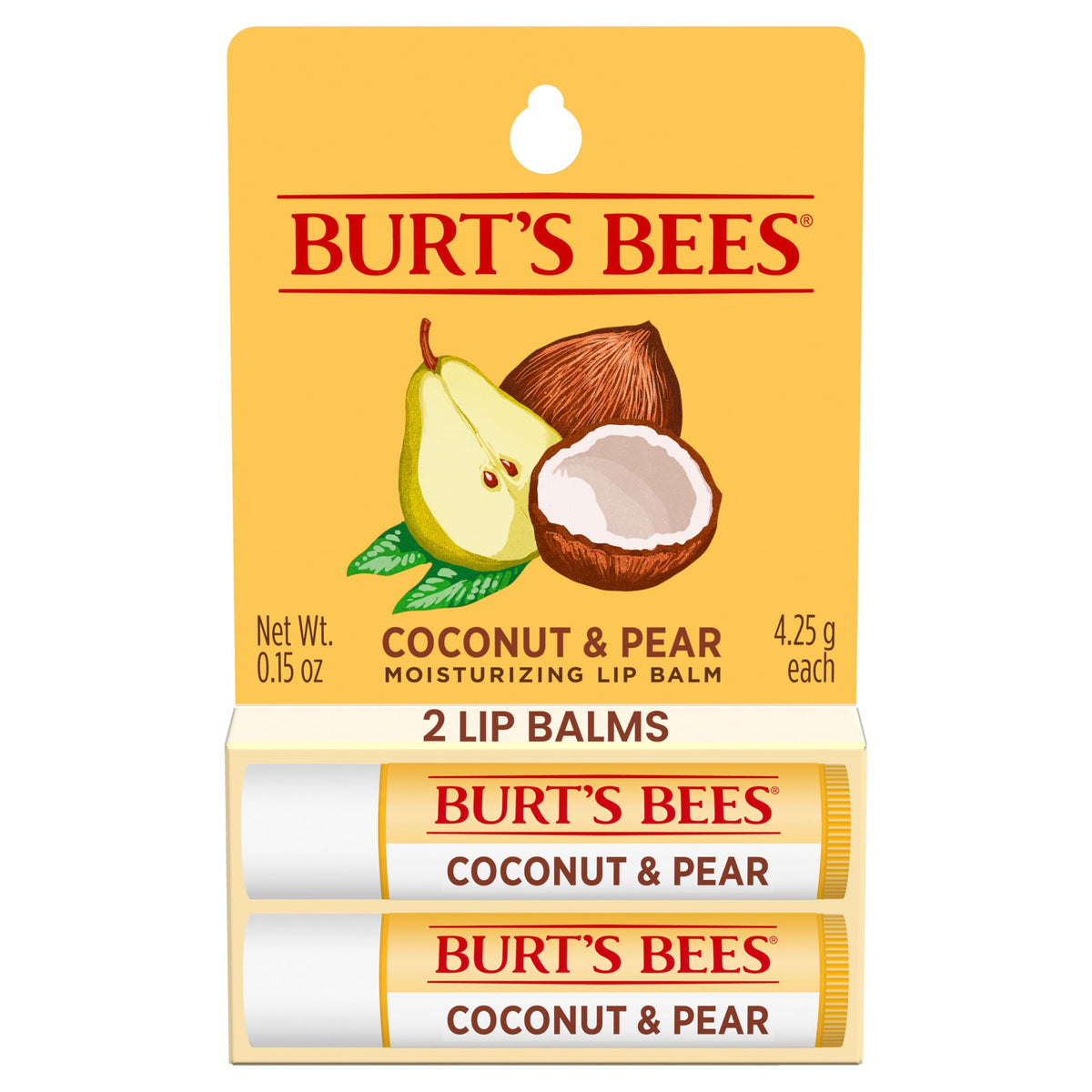 Burt's Bees Coconut and Pear lip balm tube front view, tint-free and hydrating