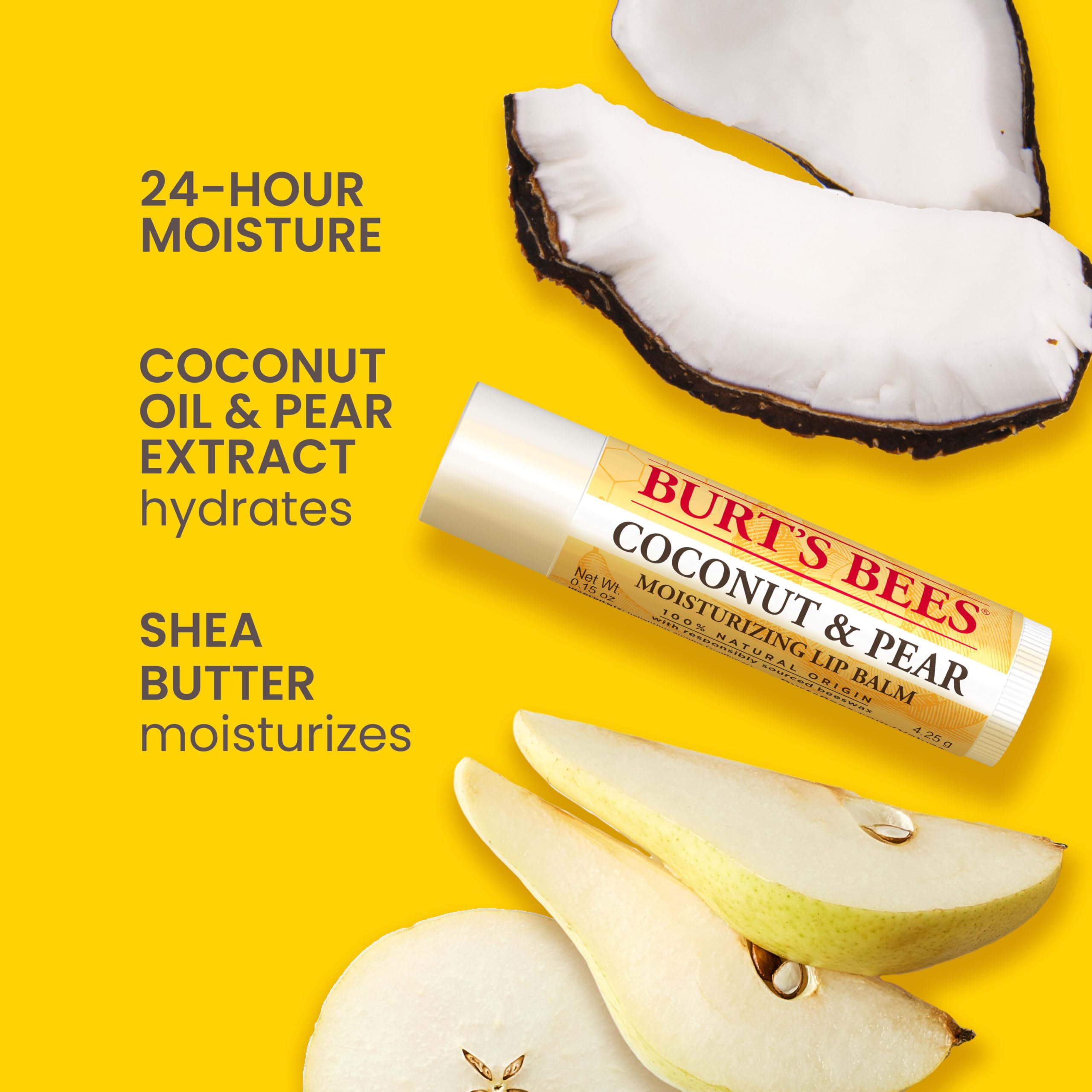 Burt's Bees lip balm twist application showing coconut and pear formula