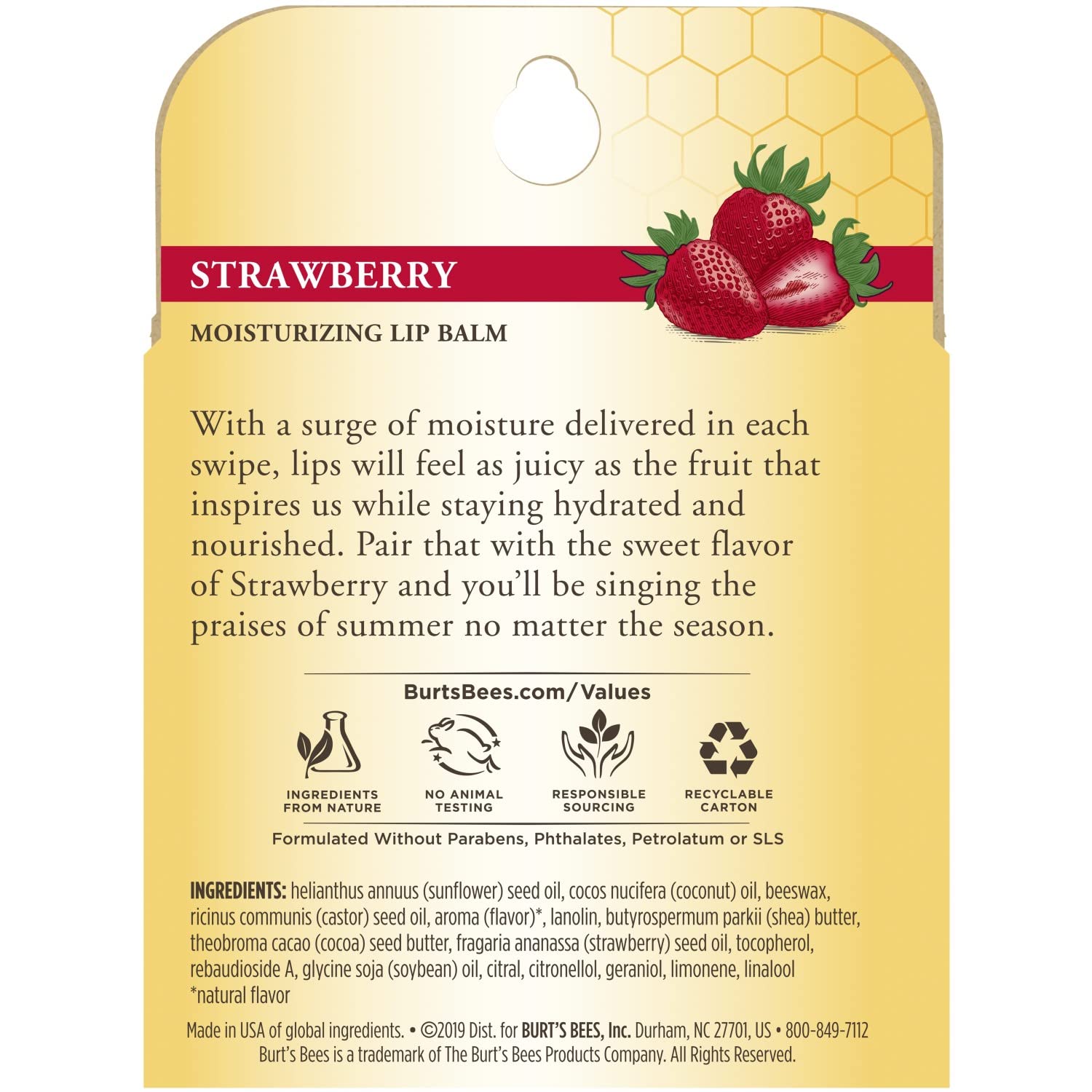 Burt's Bees Etiqueta clara, fórmula natural sin petrolatos, ideal para uso diario.