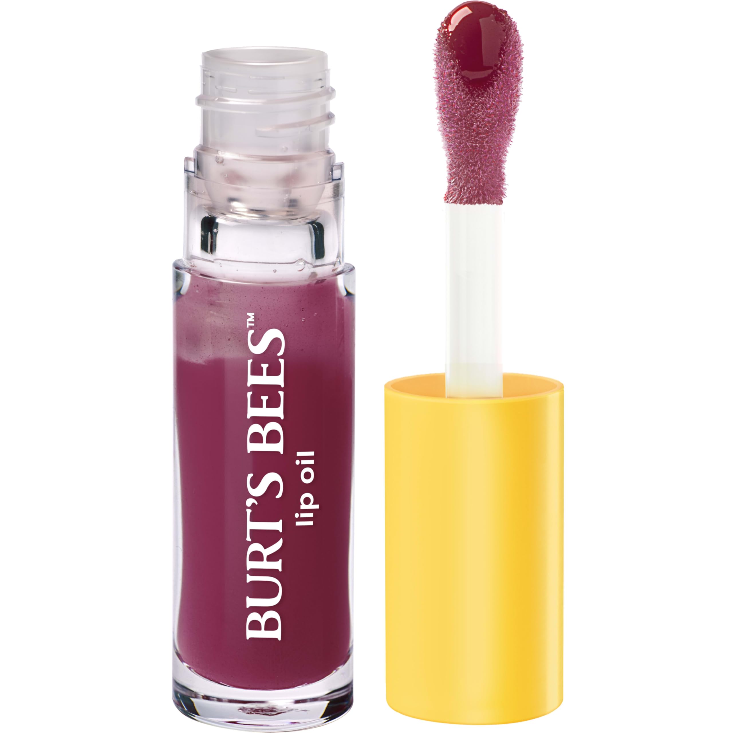 Packaging for Burt's Bees Lip Oil Plum Twilight on recyclable carton.