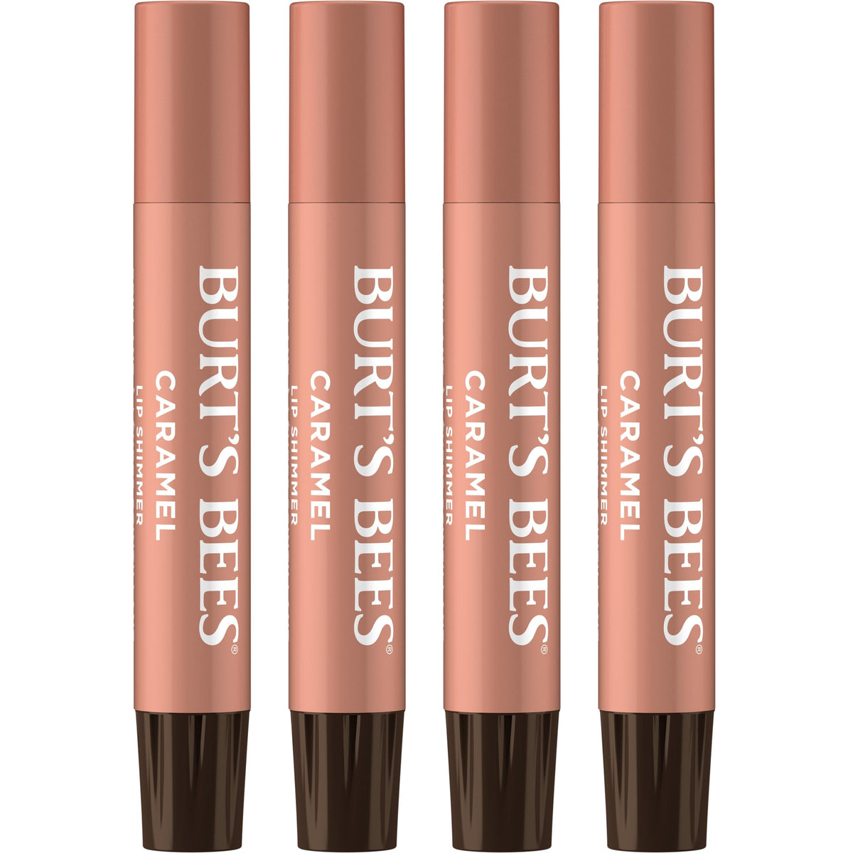 Burt's Bees Lip Shimmer Caramel close-up with a luminous, hydrating lip glow