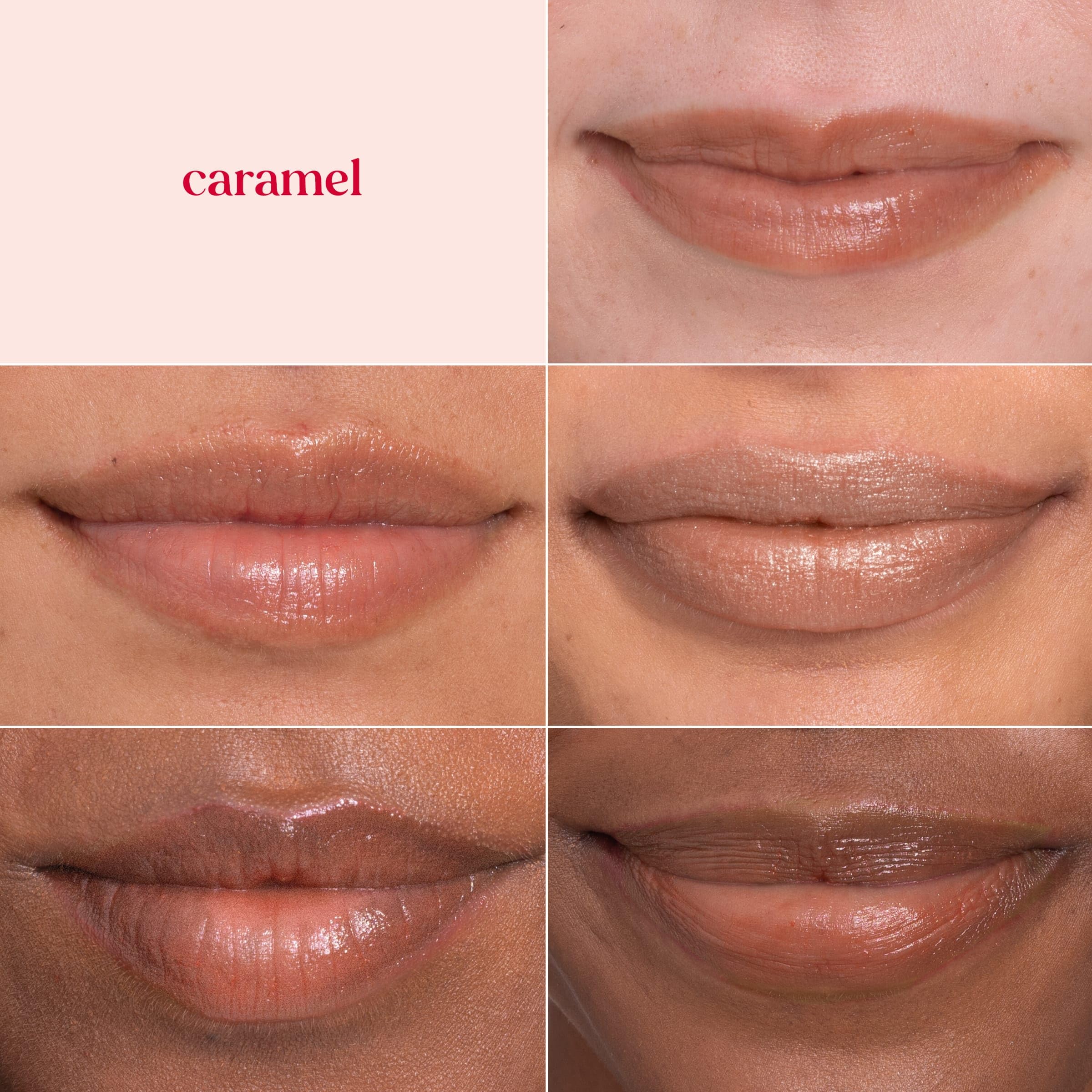 Shea butter moisturizes lips while caramel tint adds warm shine