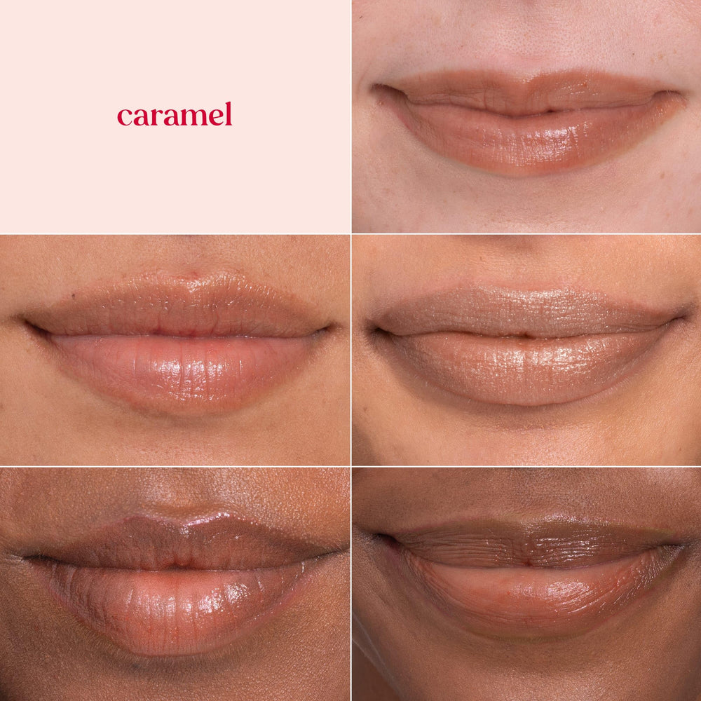 Shea butter moisturizes lips while caramel tint adds warm shine
