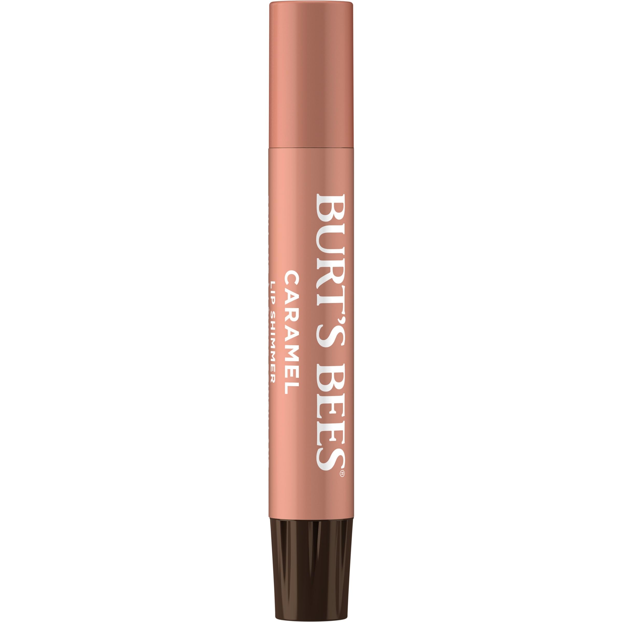 Swatches of Burt's Bees Lip Shimmer Caramel reveal buildable tawny beige color