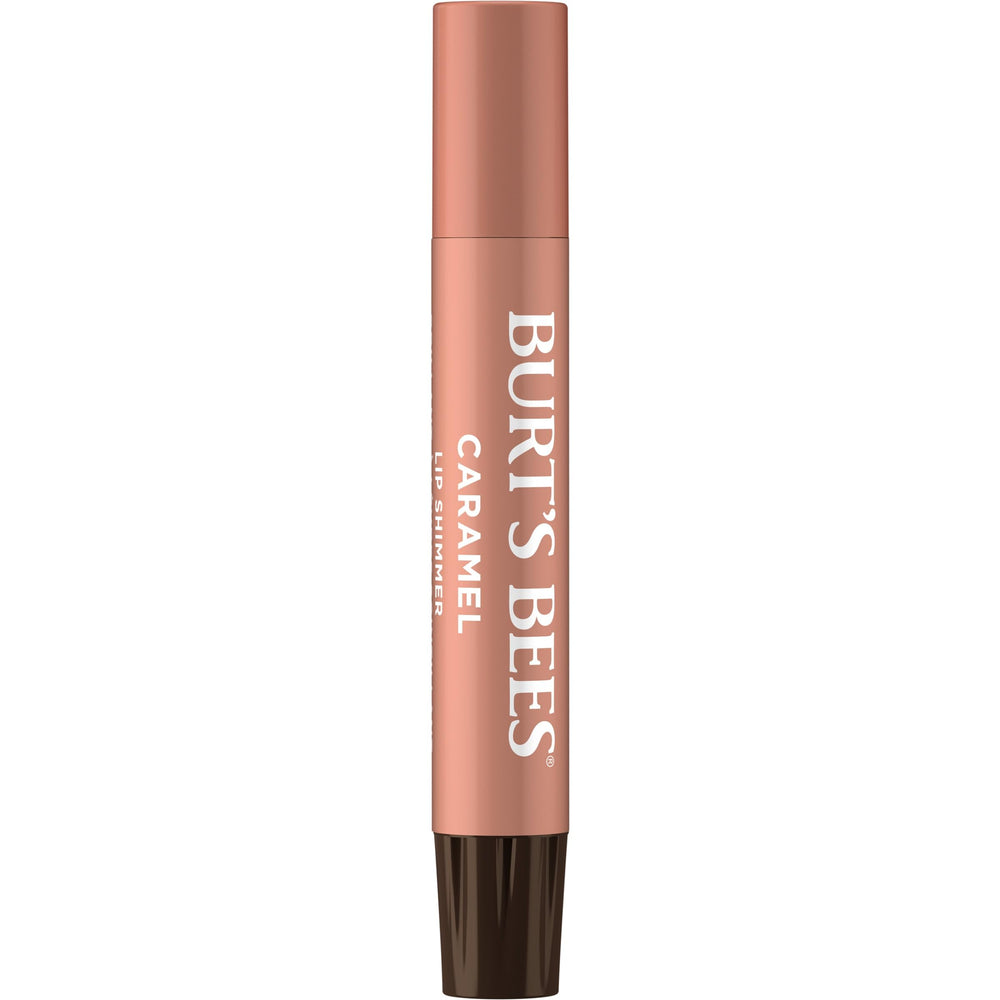Swatches of Burt's Bees Lip Shimmer Caramel reveal buildable tawny beige color