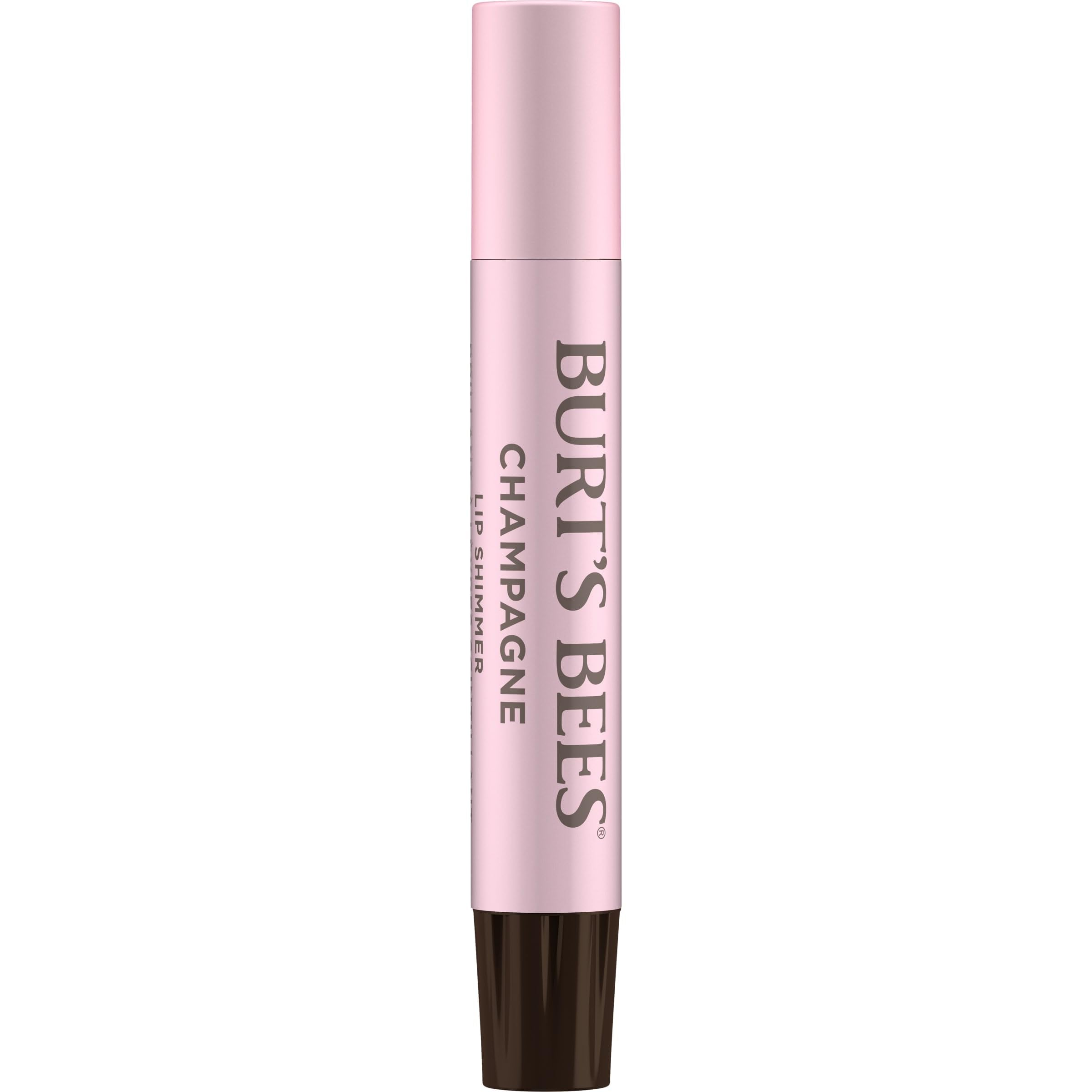 Burt's Bees Lip Shimmer Champagne wand highlights soft pink glow.