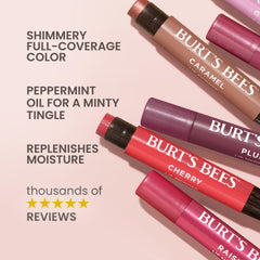 Open Burt's Bees Lip Shimmer Peony applicator shows buildable rosy color.