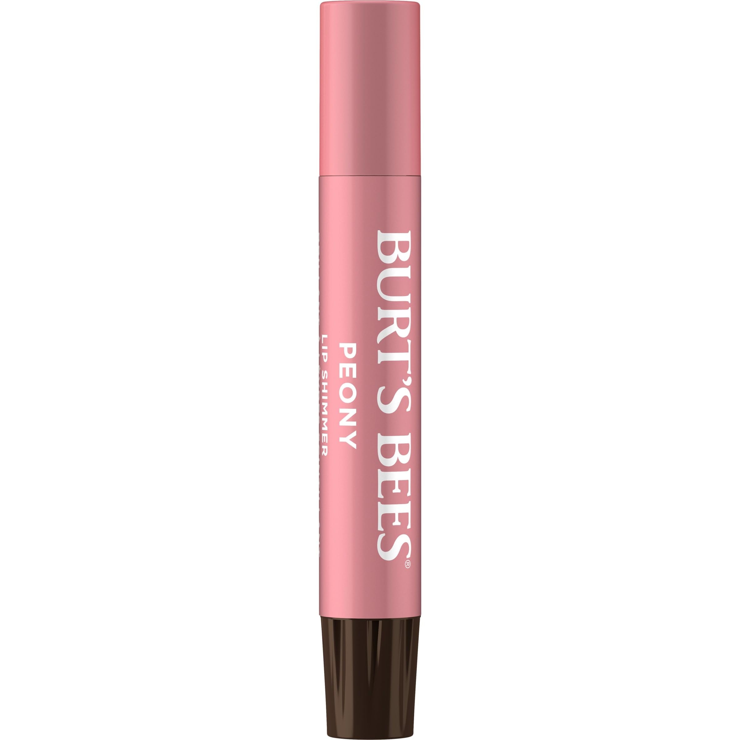 Packaging of Burt's Bees Lip Shimmer Peony highlights natural origin and recyclability.