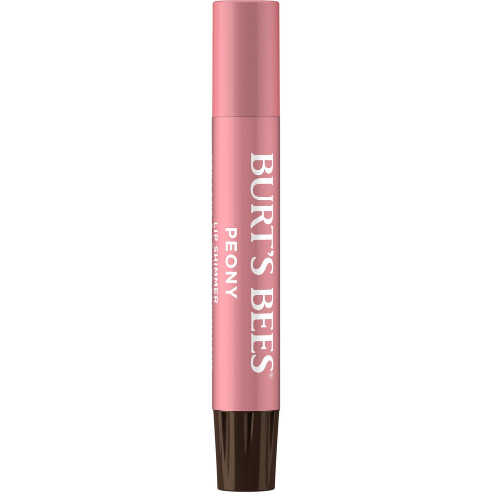 Packaging of Burt's Bees Lip Shimmer Peony highlights natural origin and recyclability.