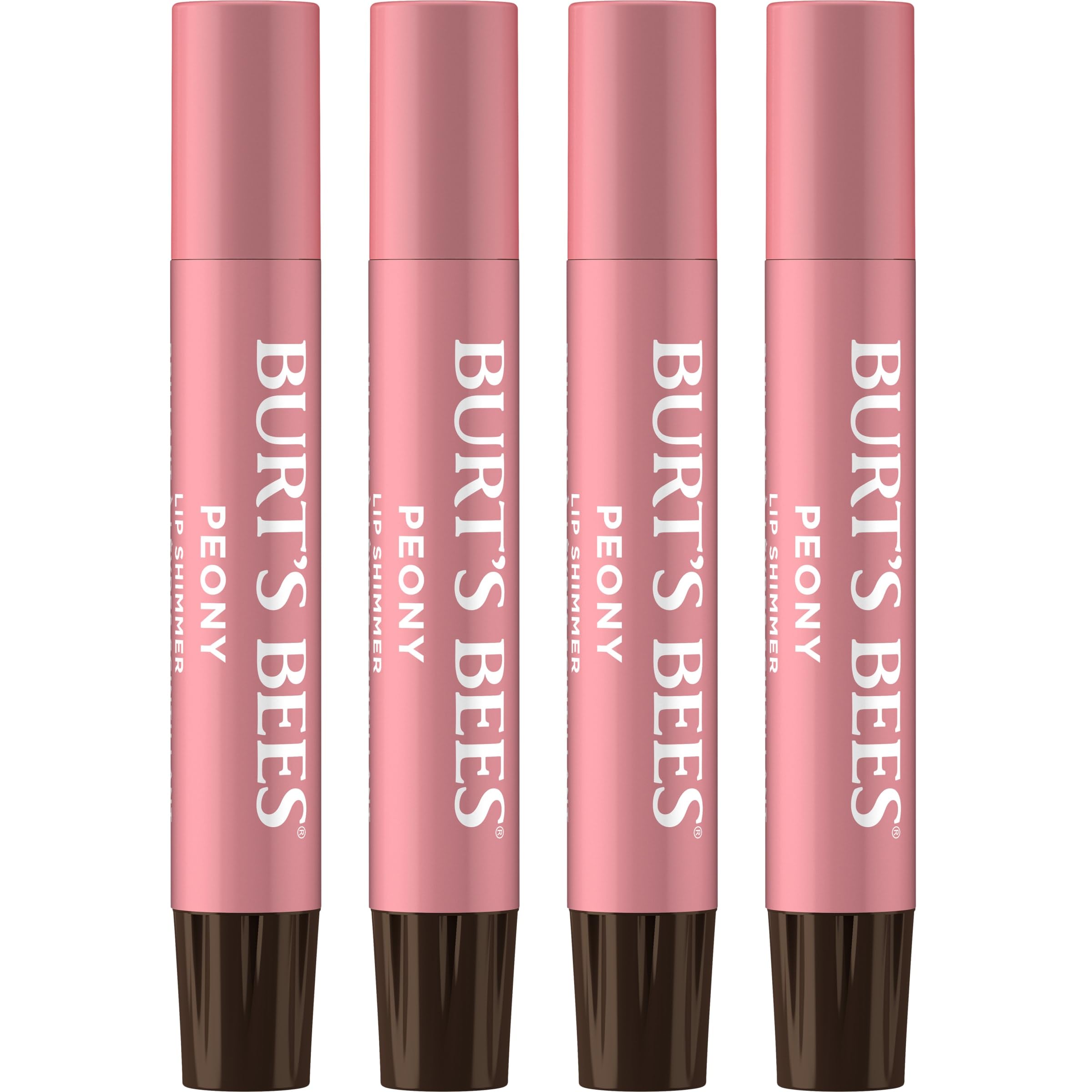 Burt's Bees Lip Shimmer Peony tube close-up with glow and hydration.