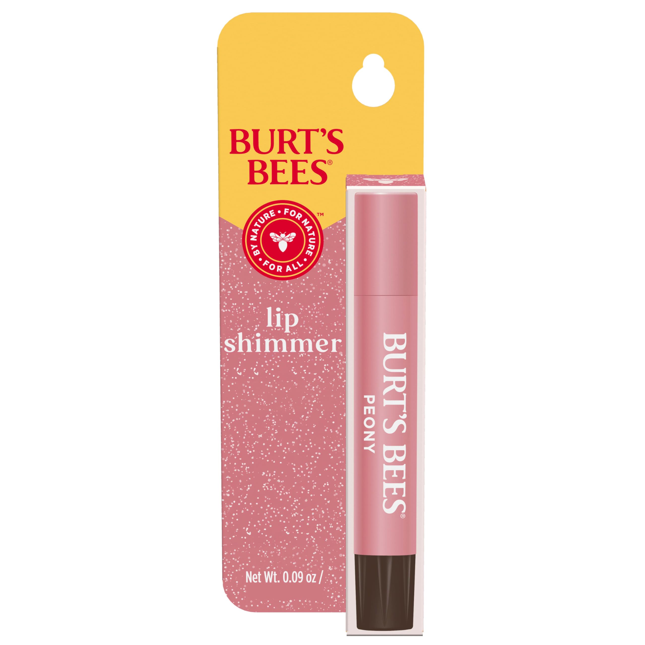 Burt's Bees Lip Shimmer Peony tube with rosy glow and moisturized lips.
