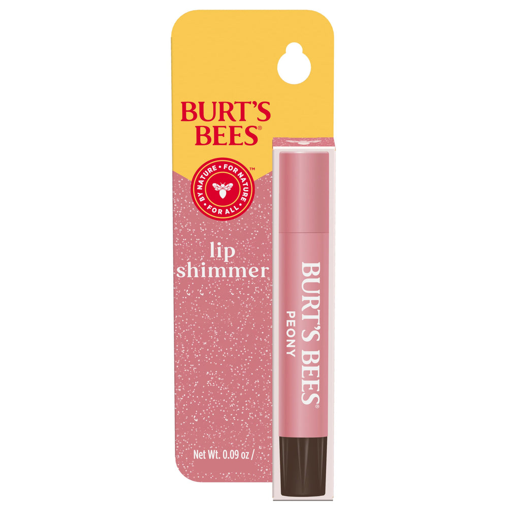 Burt's Bees Lip Shimmer Peony tube with rosy glow and moisturized lips.