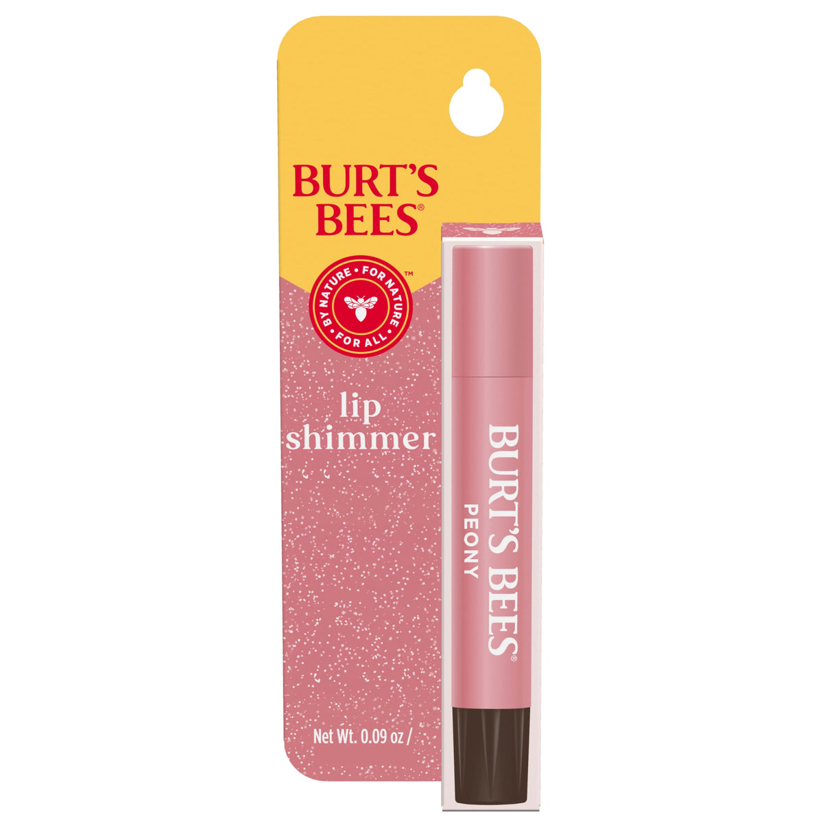 Burt's Bees Lip Shimmer Peony tube with rosy glow and moisturized lips.