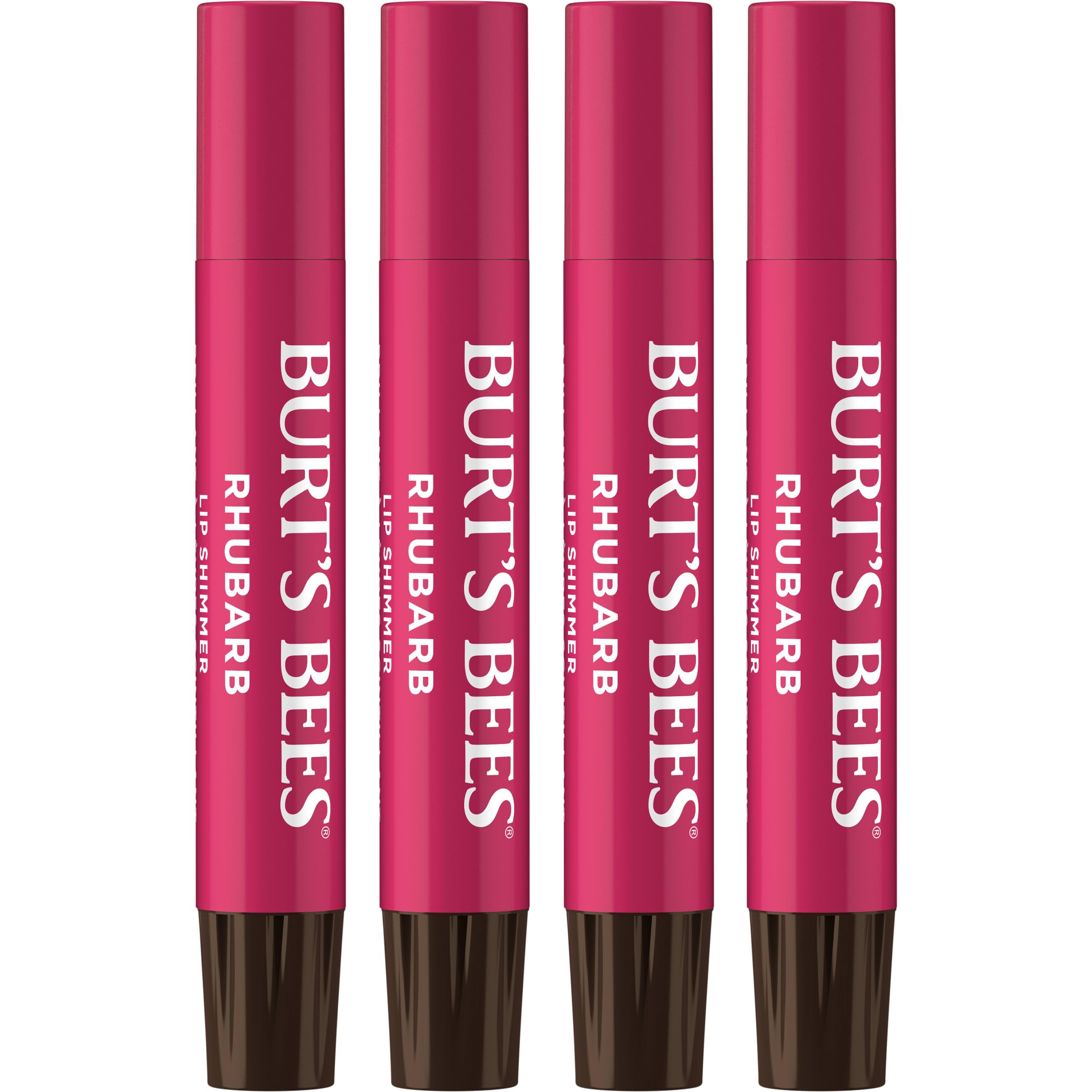 Burts Bees Lip Shimmer Rhubarb en acción, brillo rosado y hidratación suave
