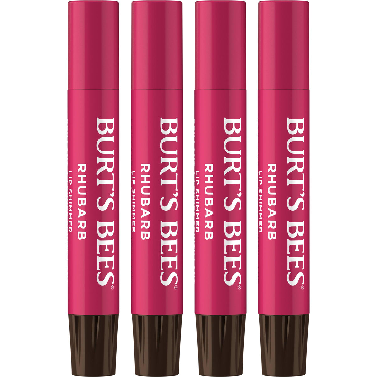 Burts Bees Lip Shimmer Rhubarb en acción, brillo rosado y hidratación suave