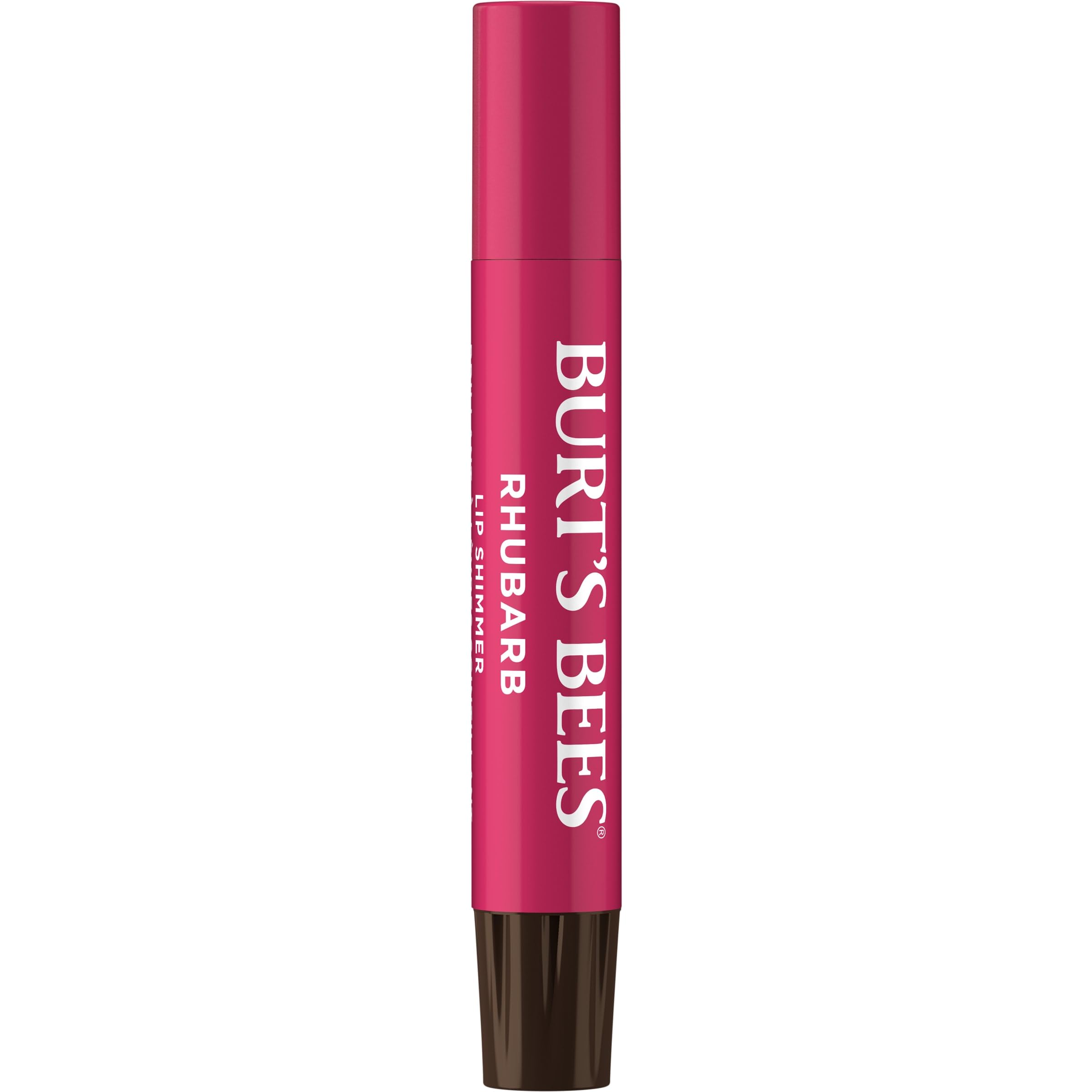 Burts Bees Lip Shimmer Rhubarb muestra textura cremosa y acabado luminoso