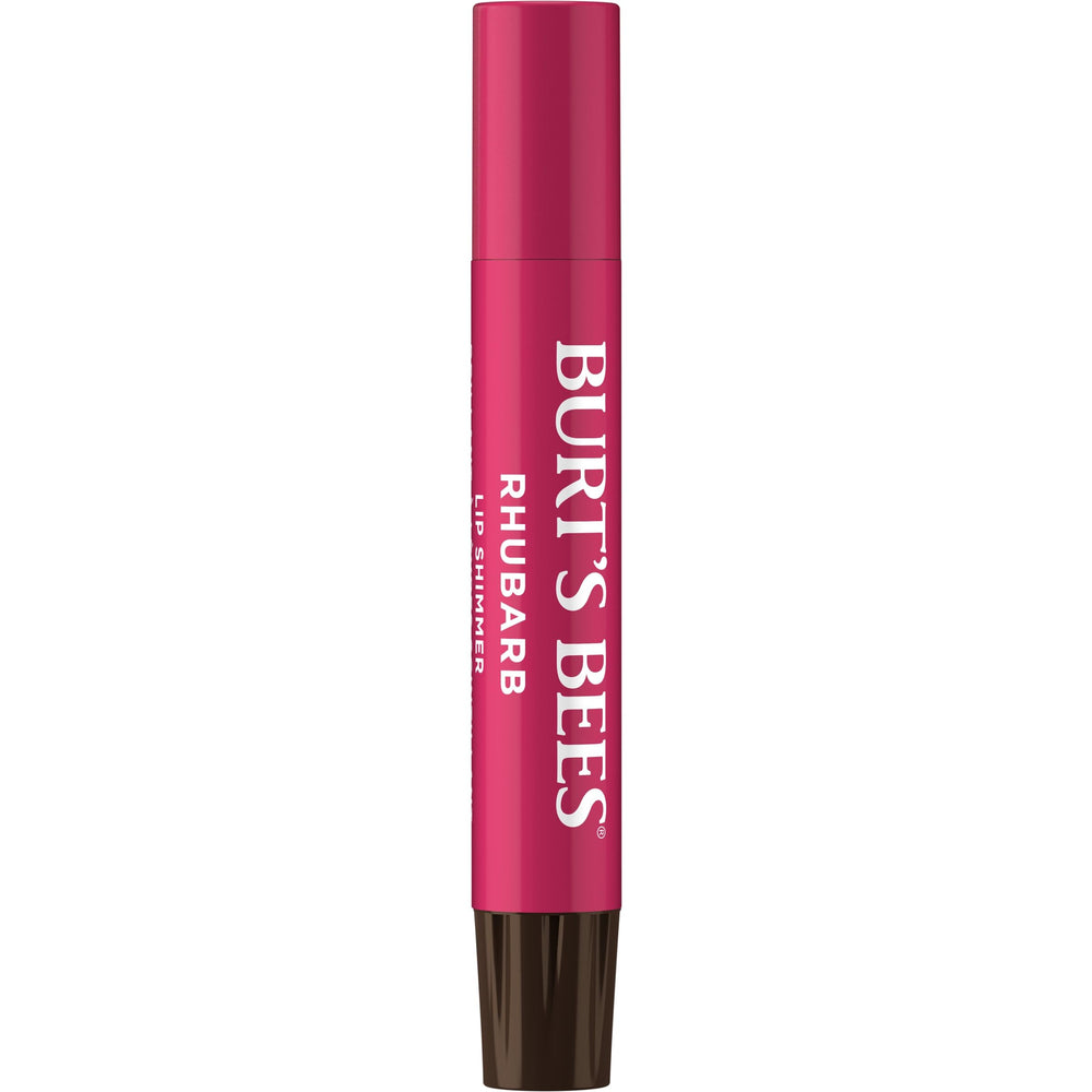 Burts Bees Lip Shimmer Rhubarb muestra textura cremosa y acabado luminoso
