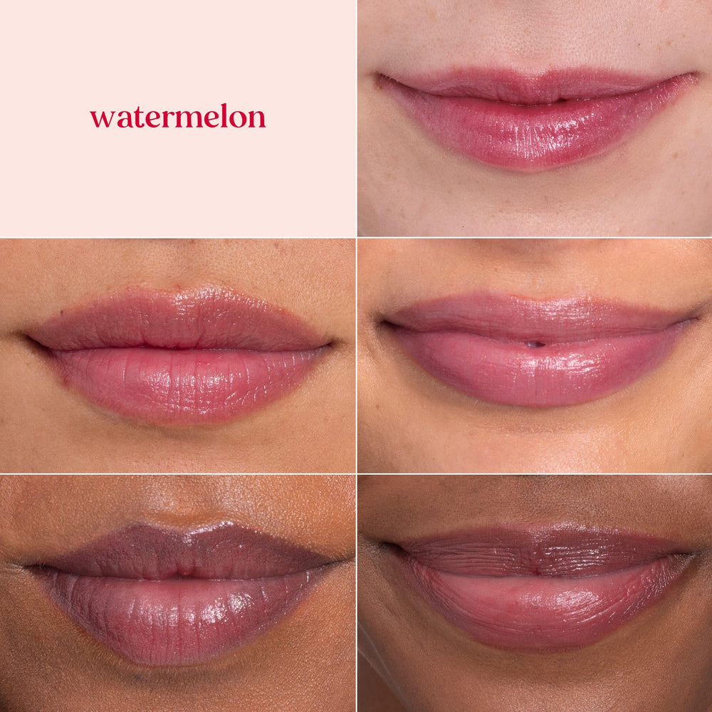 Shea and cocoa butter nourish lips in Burt's Bees Lip Shimmer Watermelon.