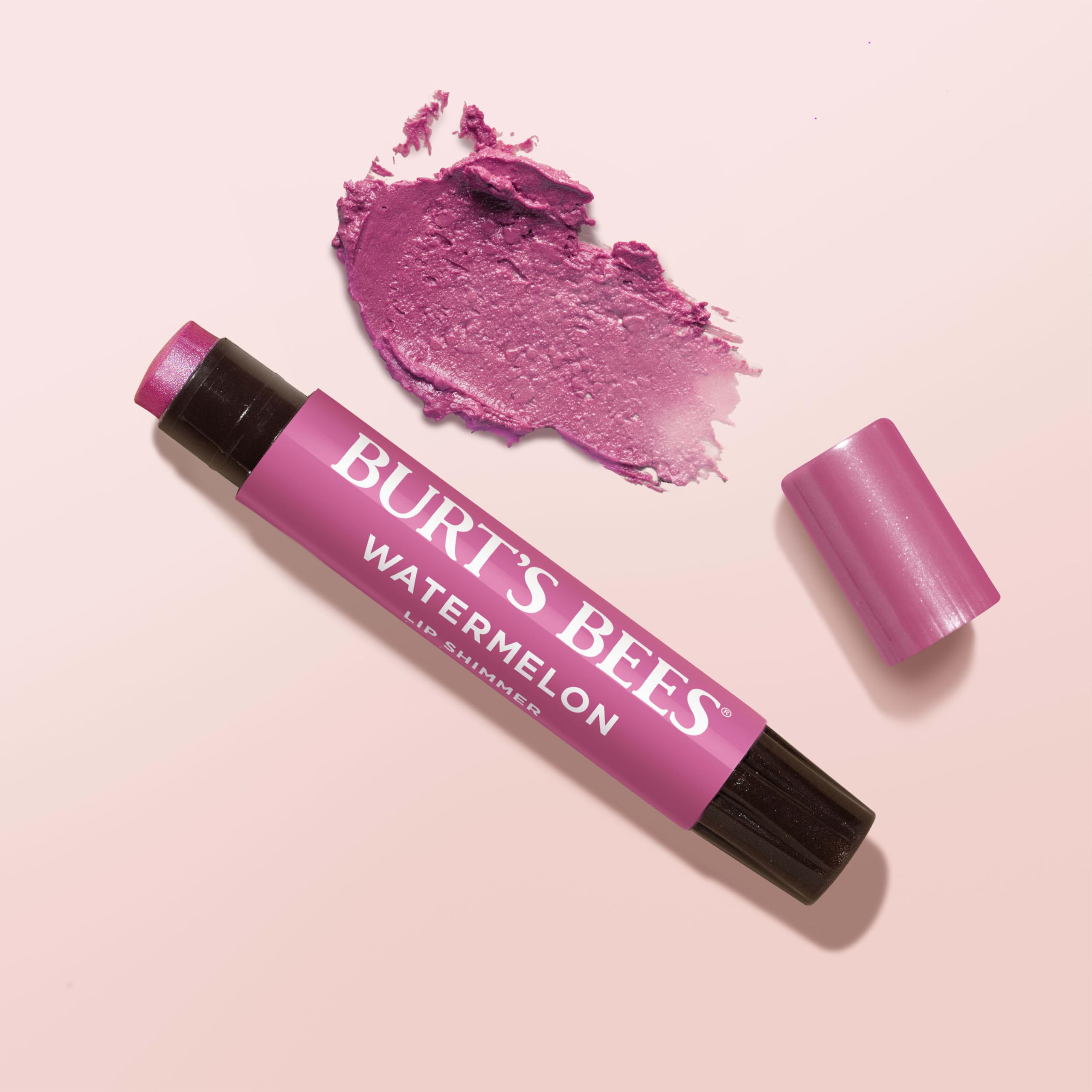Burt's Bees Lip Shimmer Watermelon swatch reveals warm pink shade