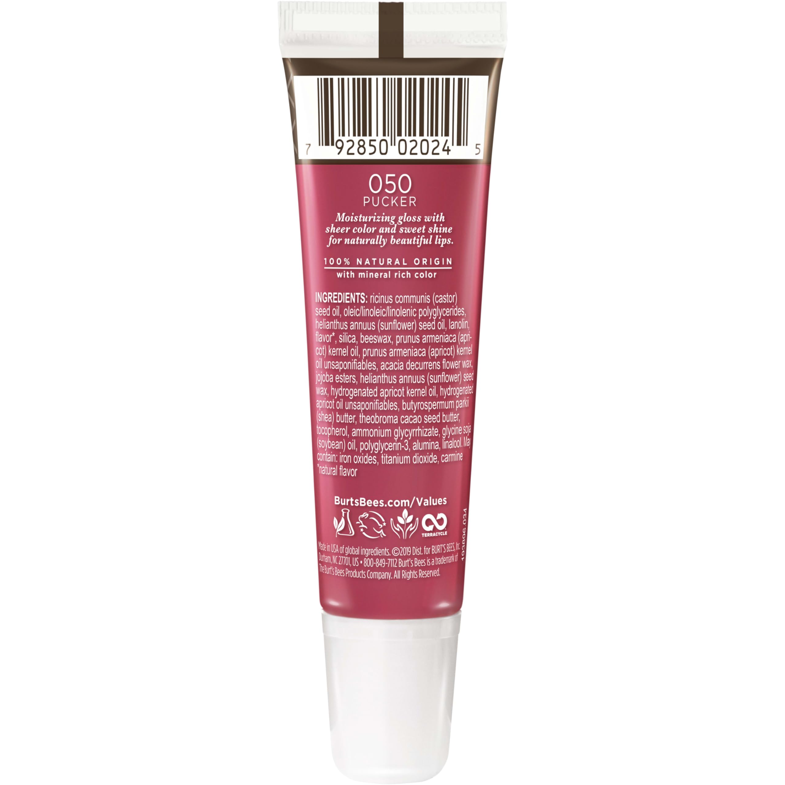 Burts Bees Lip Shine Pucker highlights apricot wax and sunflower oil ingredients