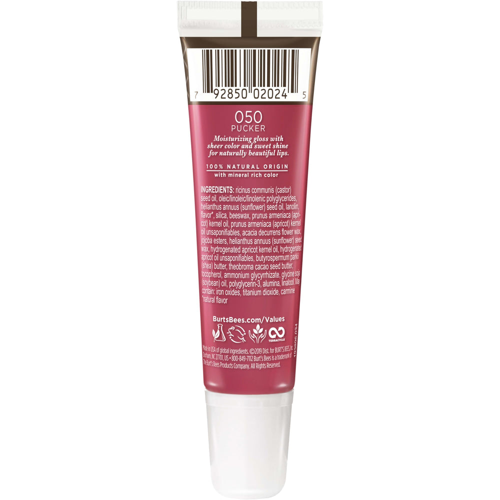 Burts Bees Lip Shine Pucker highlights apricot wax and sunflower oil ingredients