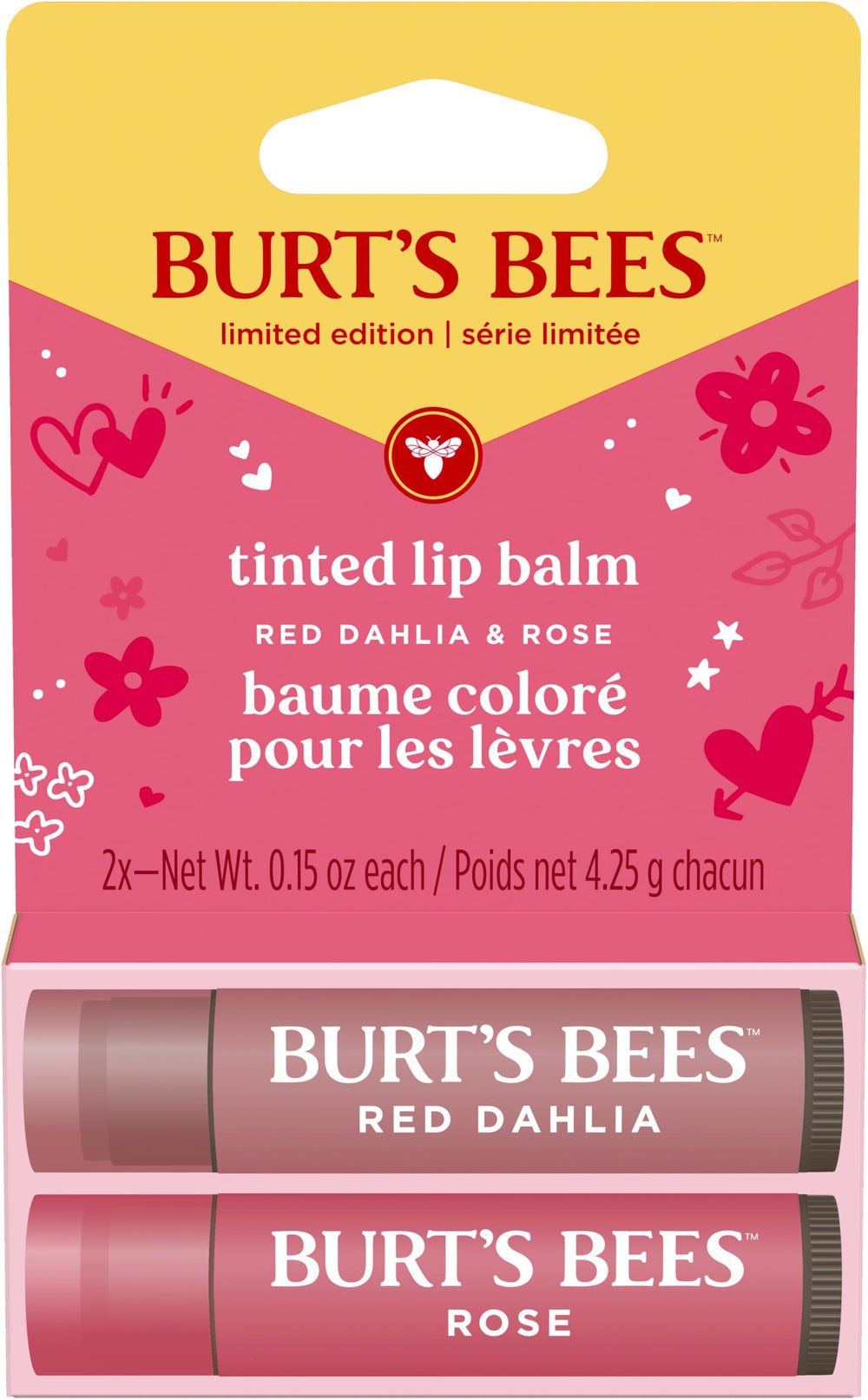 Burt's Bees Lip Tint Balm Red Dahlia 2-pack front view with dual shade options