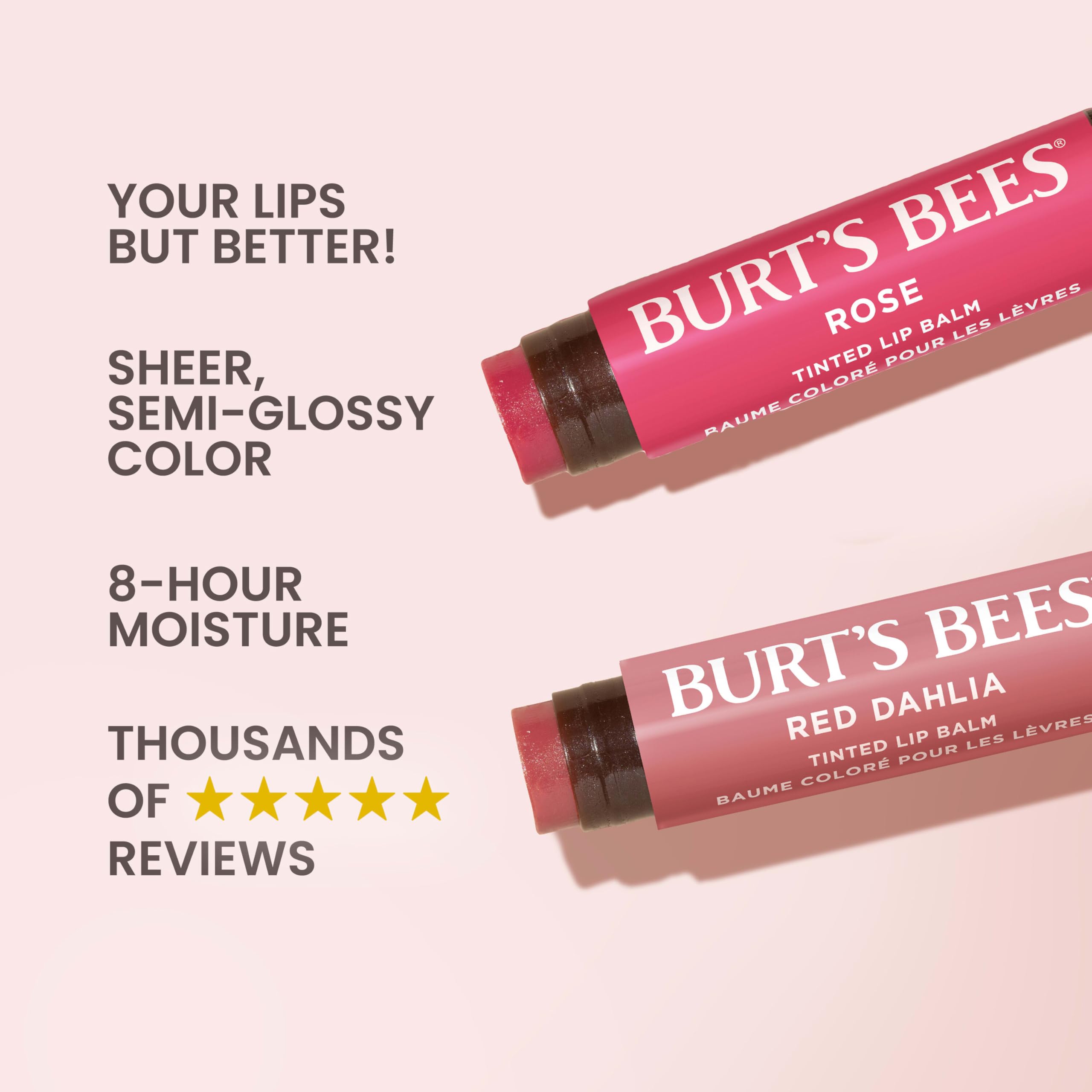 Burt's Bees Lip Tint Balm Red Dahlia tube close-up shows rich texture