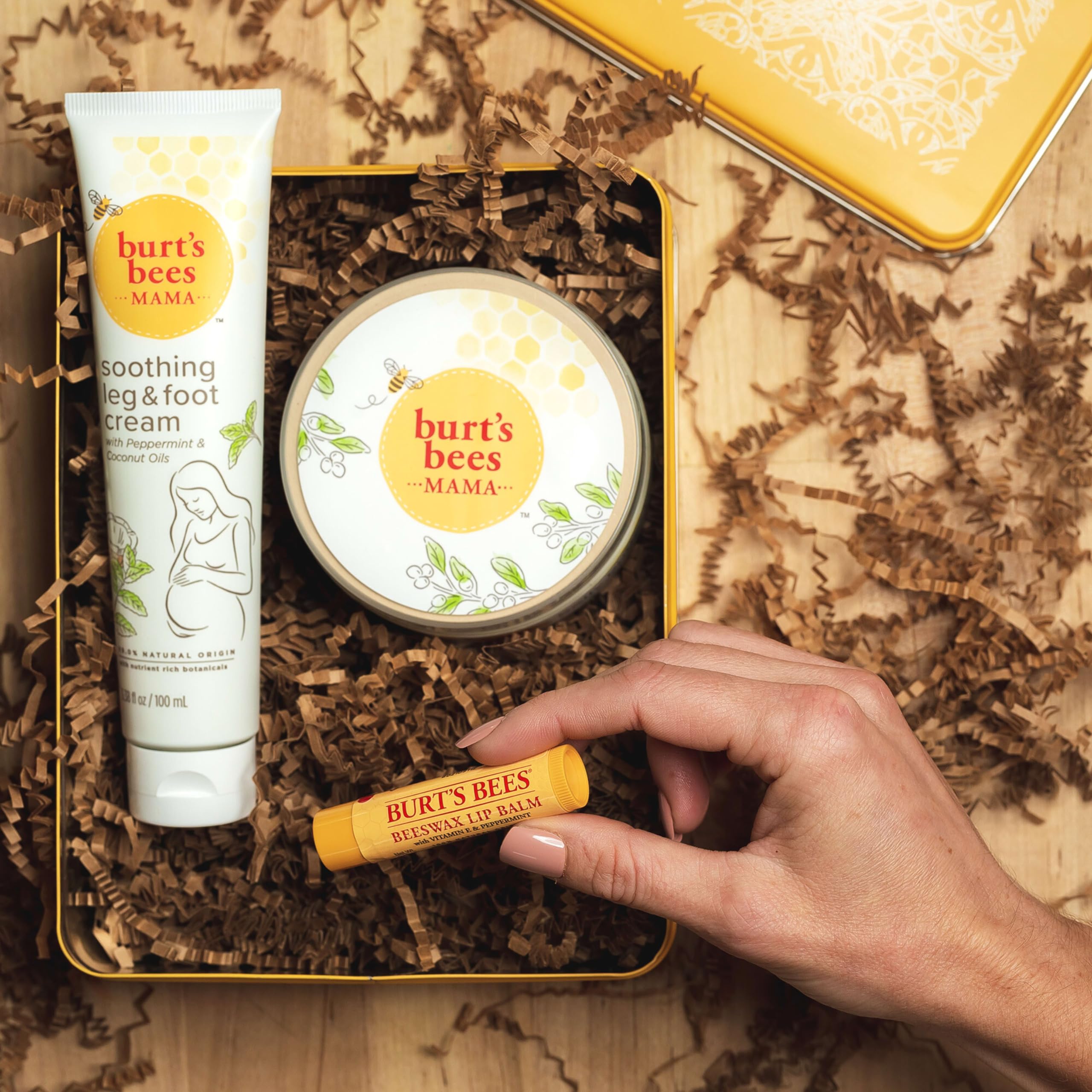 Burt's Bees Mama Gift Set packaging detail on eco-friendly tin