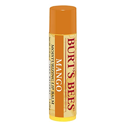 Close-up of the Burt's Bees Mango Lip Balm label.
