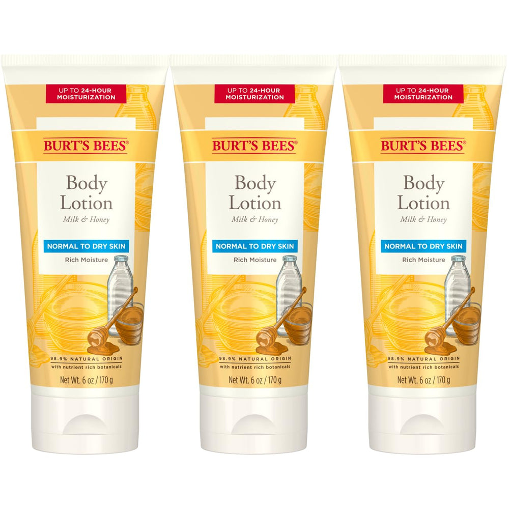 Burts Bees Milk & Honey Body Lotion bottle closeup highlighting non-greasy hydration