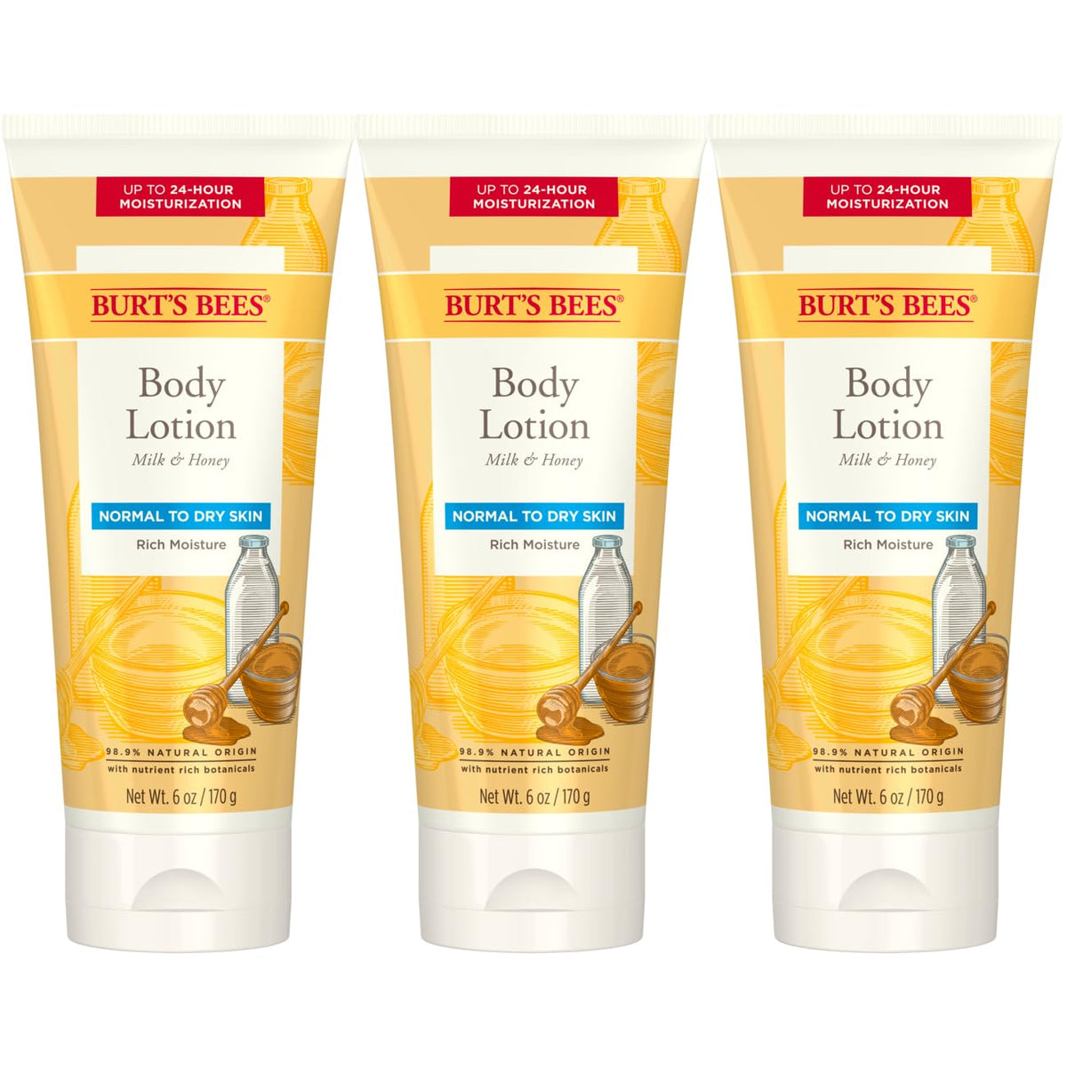 Burts Bees Milk & Honey Body Lotion bottle closeup highlighting non-greasy hydration