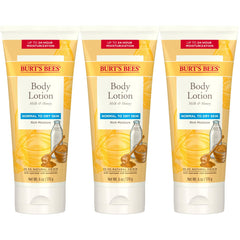 Burts Bees Milk & Honey Body Lotion bottle closeup highlighting non-greasy hydration