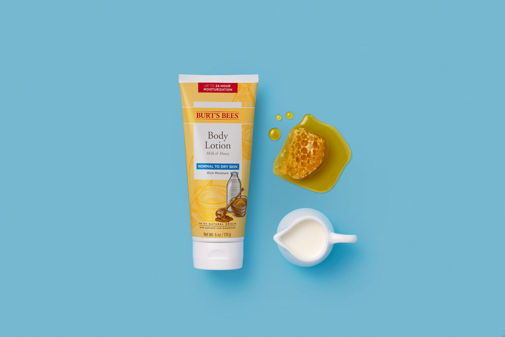 Burts Bees Milk & Honey Body Lotion dermatologist-tested label on bottle