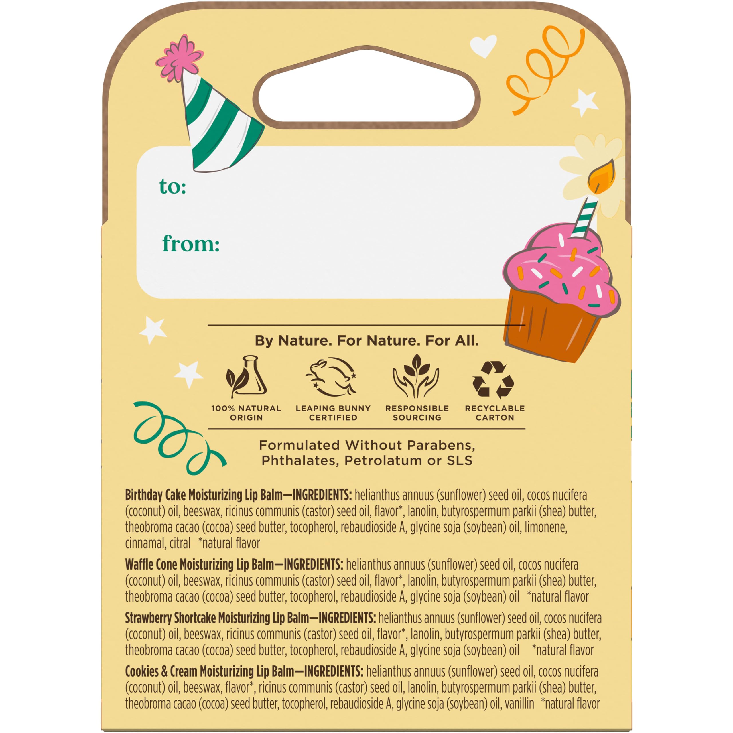 Natural origin ingredients in Burt's Bees lip balms with beeswax