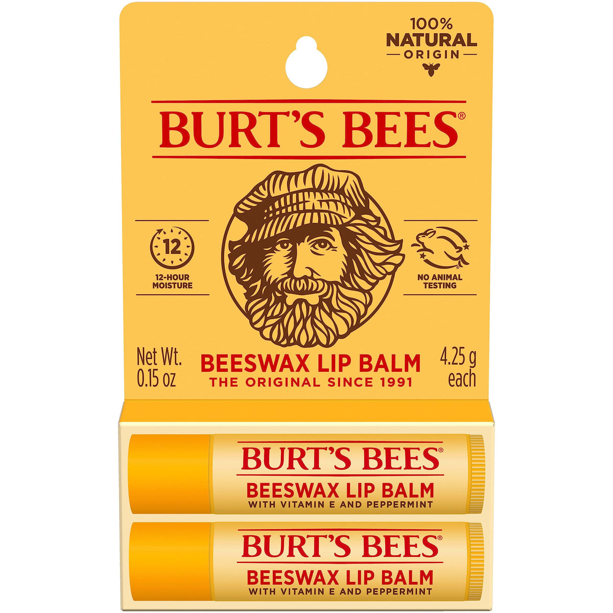 Burt's Bees Original Beeswax lip balm tube closeup for smooth lip care.