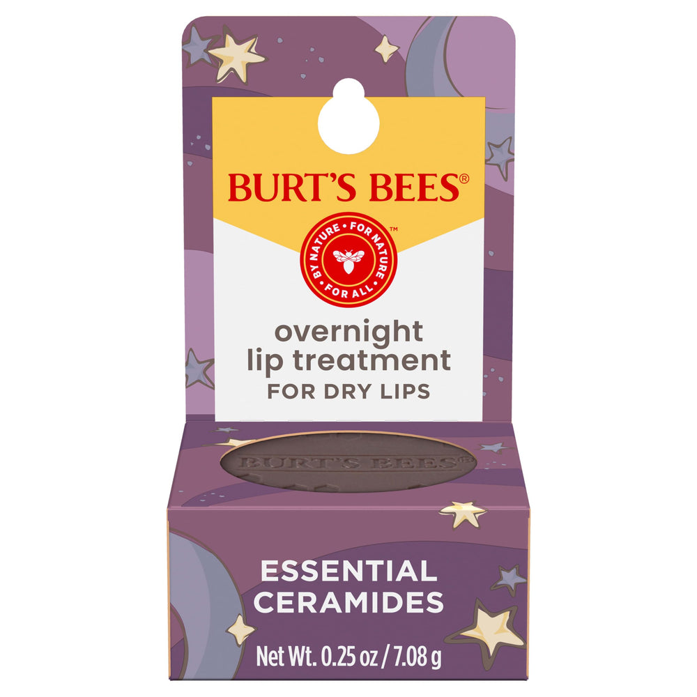 Burt's Bees overnight lip treatment jar highlighting ceramides for overnight hydration.