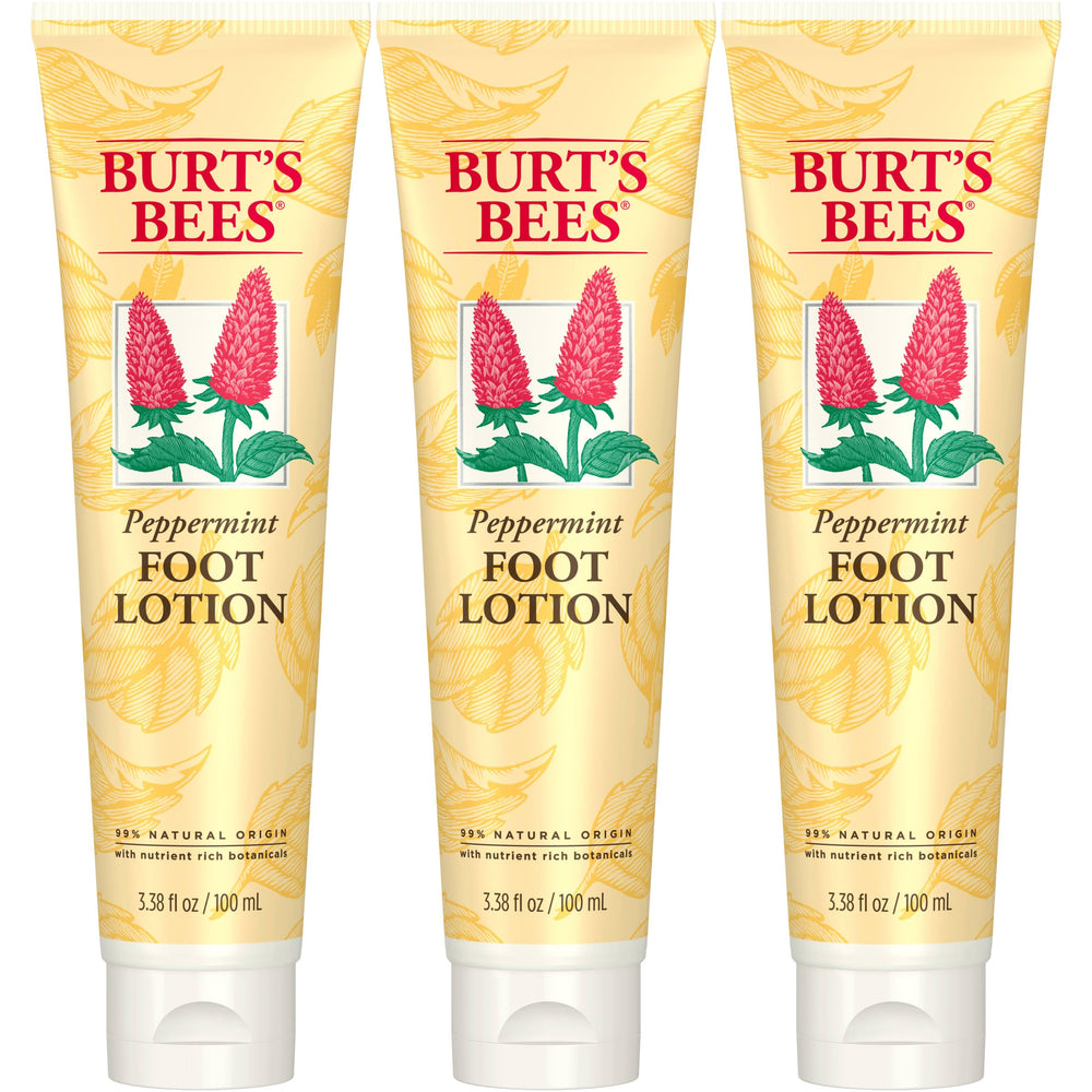 Burt's Bees Peppermint Foot Lotion bottle closeup for soothing feet