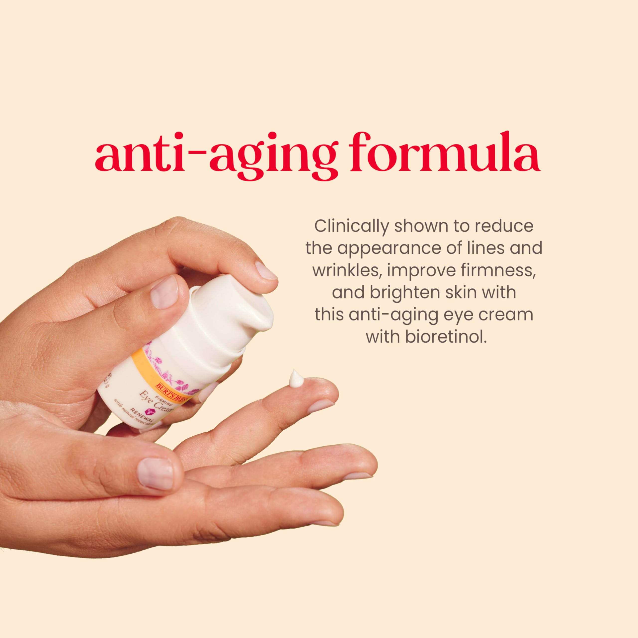 Burt's Bees Renewal Eye Cream dots demonstrate gentle morning and evening use.