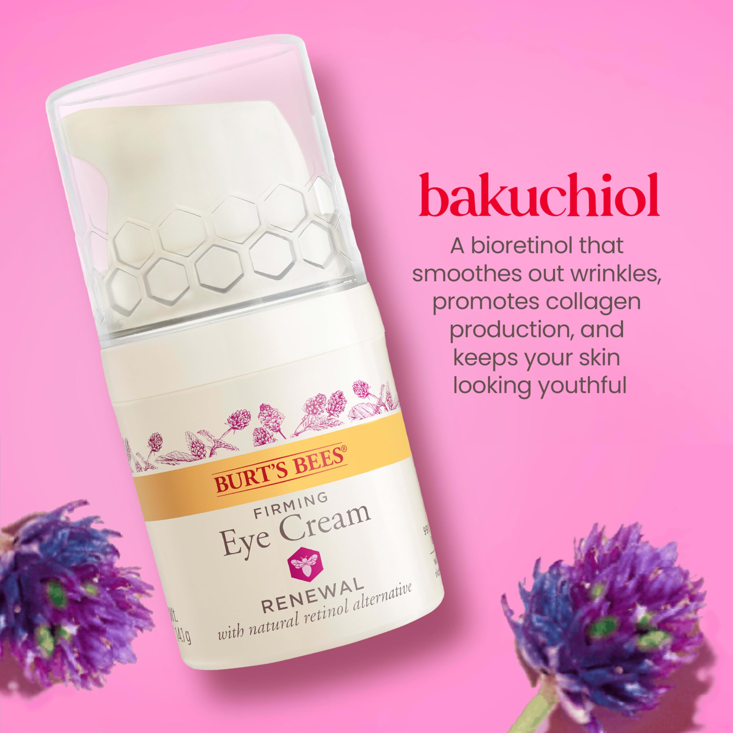 Burt's Bees Renewal Eye Cream texture close-up reveals a hydrating, creamy formula.
