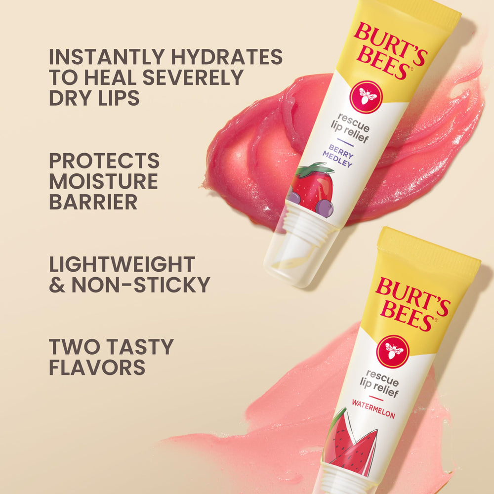 Burt's Bees Rescue Lip Relief Mezcla de Bayas en tubo, sabor frutal para labios suaves.