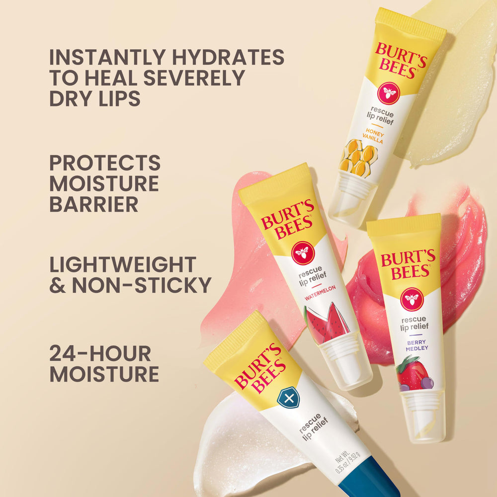 Applying Burt's Bees Rescue Lip Relief Honey Vanilla for instant comfort.