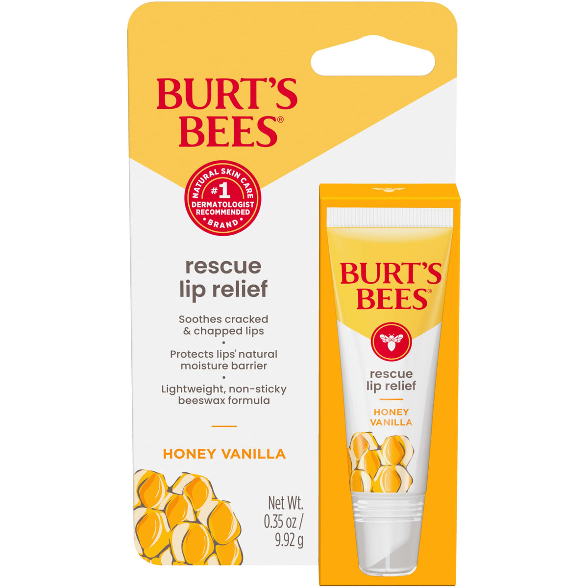 Burt's Bees Rescue Lip Relief Honey Vanilla tube ready to hydrate dry lips.