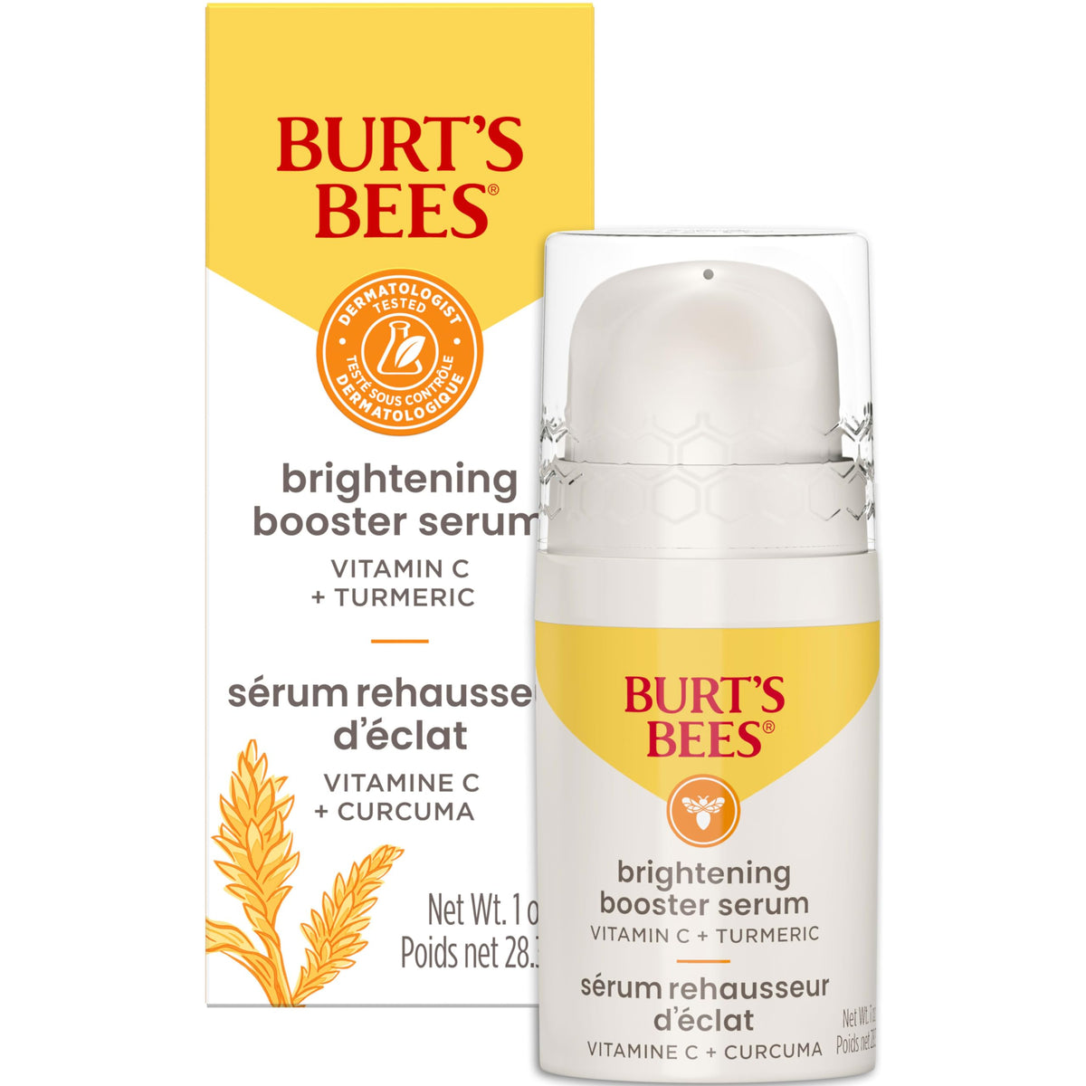 Burt's Bees serum en botella, ilumina la piel con vitamina C y cúrcuma.