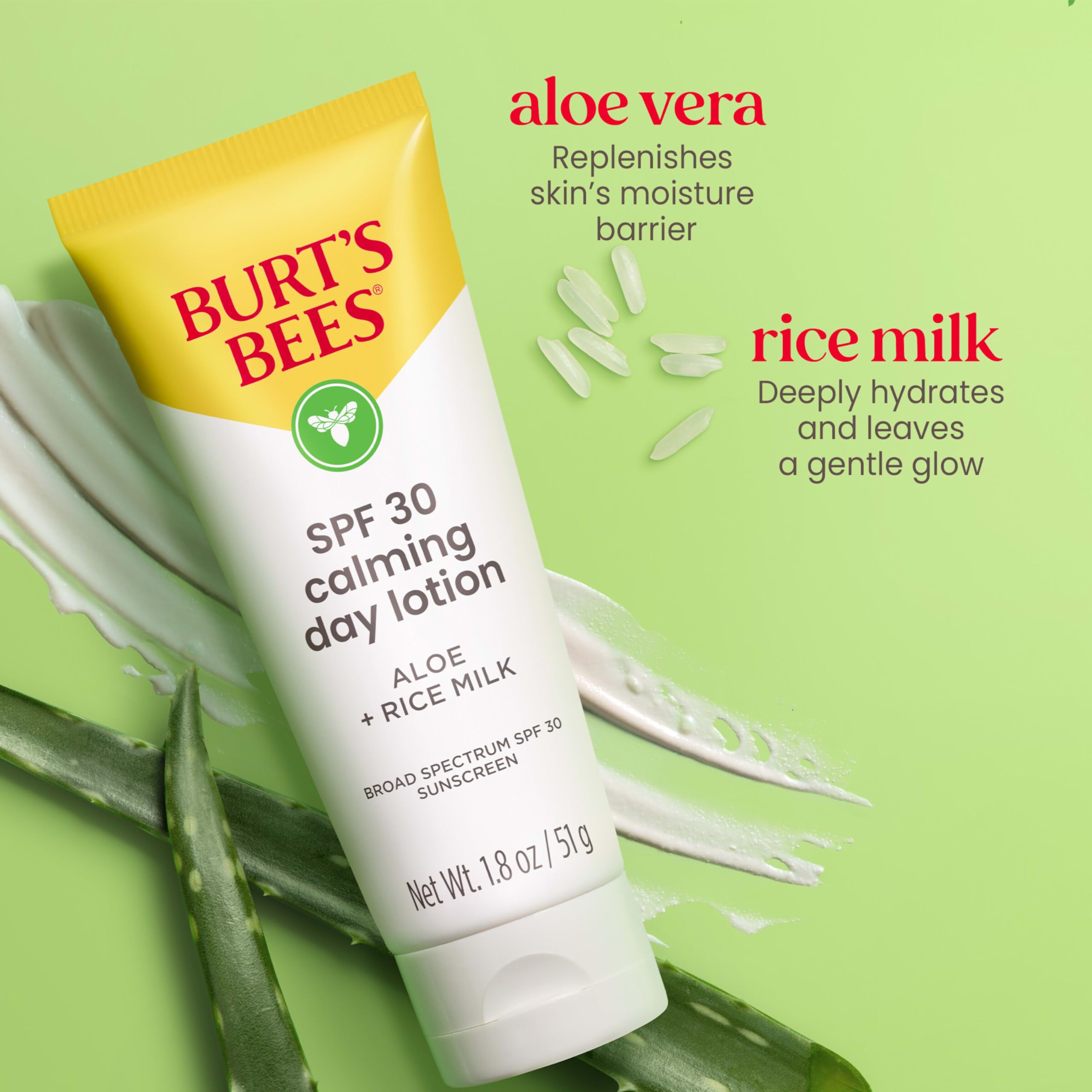 Burt's Bees con aloe y leche de arroz, alivio suave para rojeces leves.