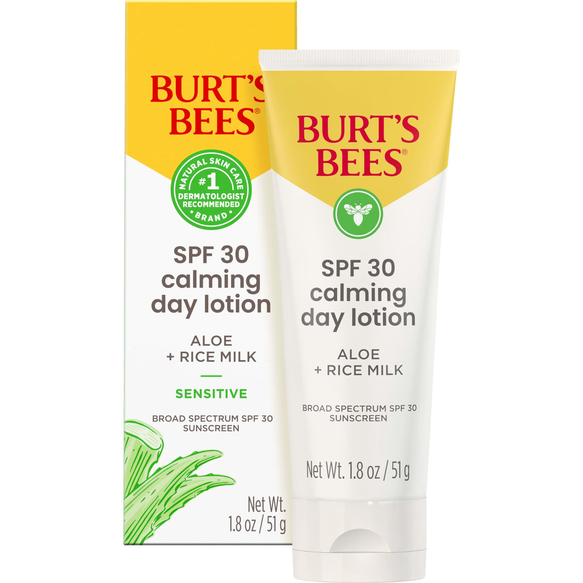 Burt's Bees SPF30 Calming Day Lotion en tubo frontal, hidrata y protege piel sensible.
