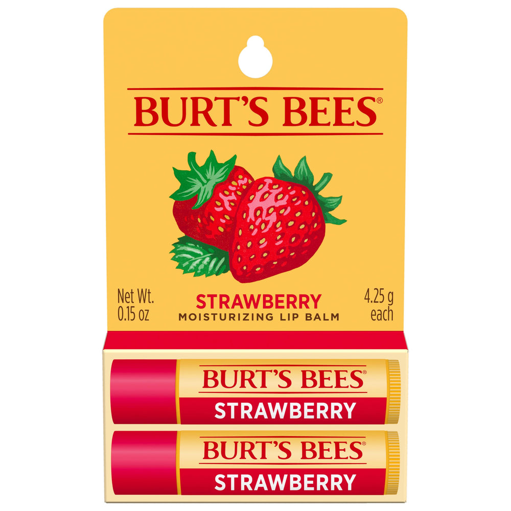 Burt's Bees Strawberry Lip Balm tubes provide natural moisture for daily lip care.