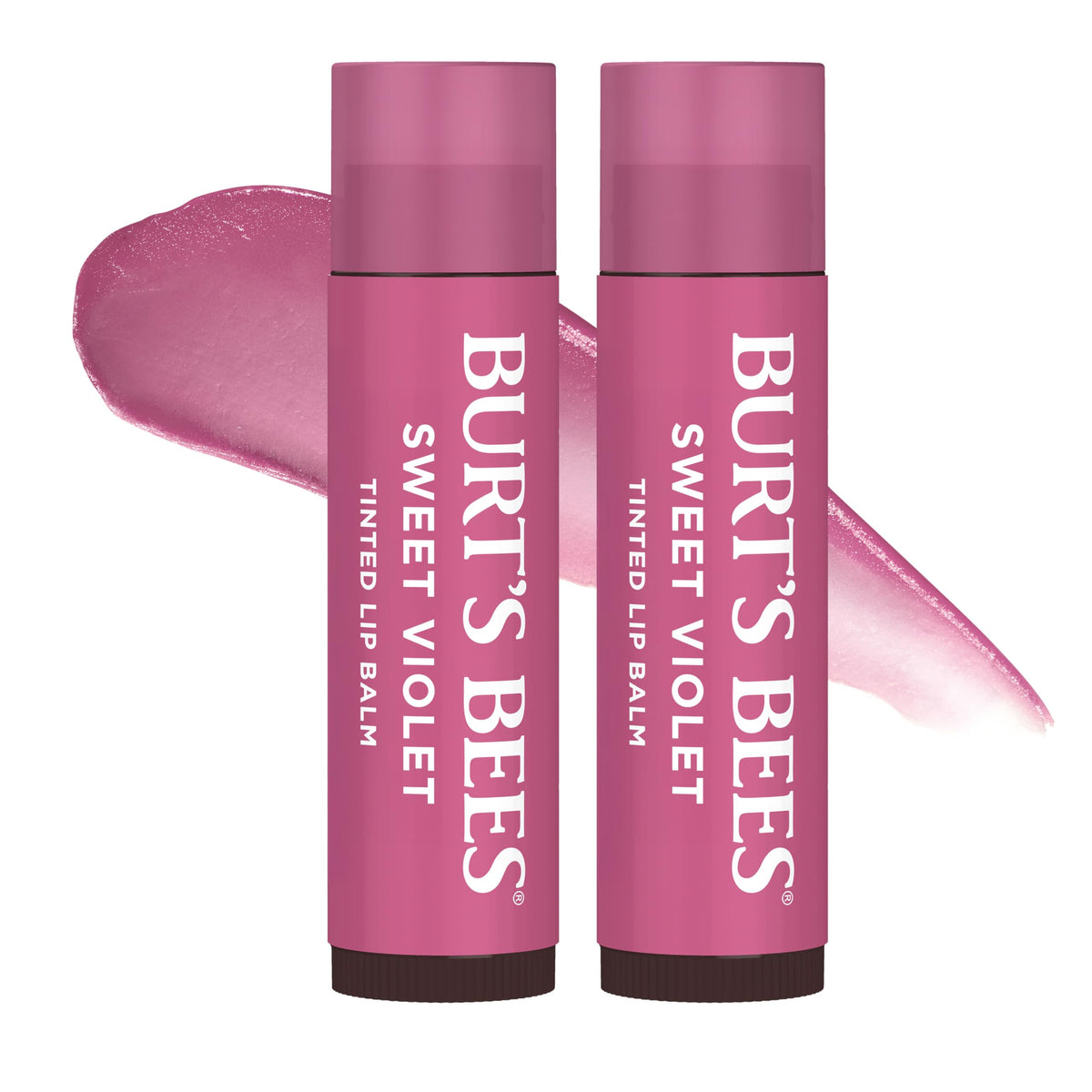 Burt's Bees Sweet Violet tinted lip balm tube swatch adds natural color and hydration.